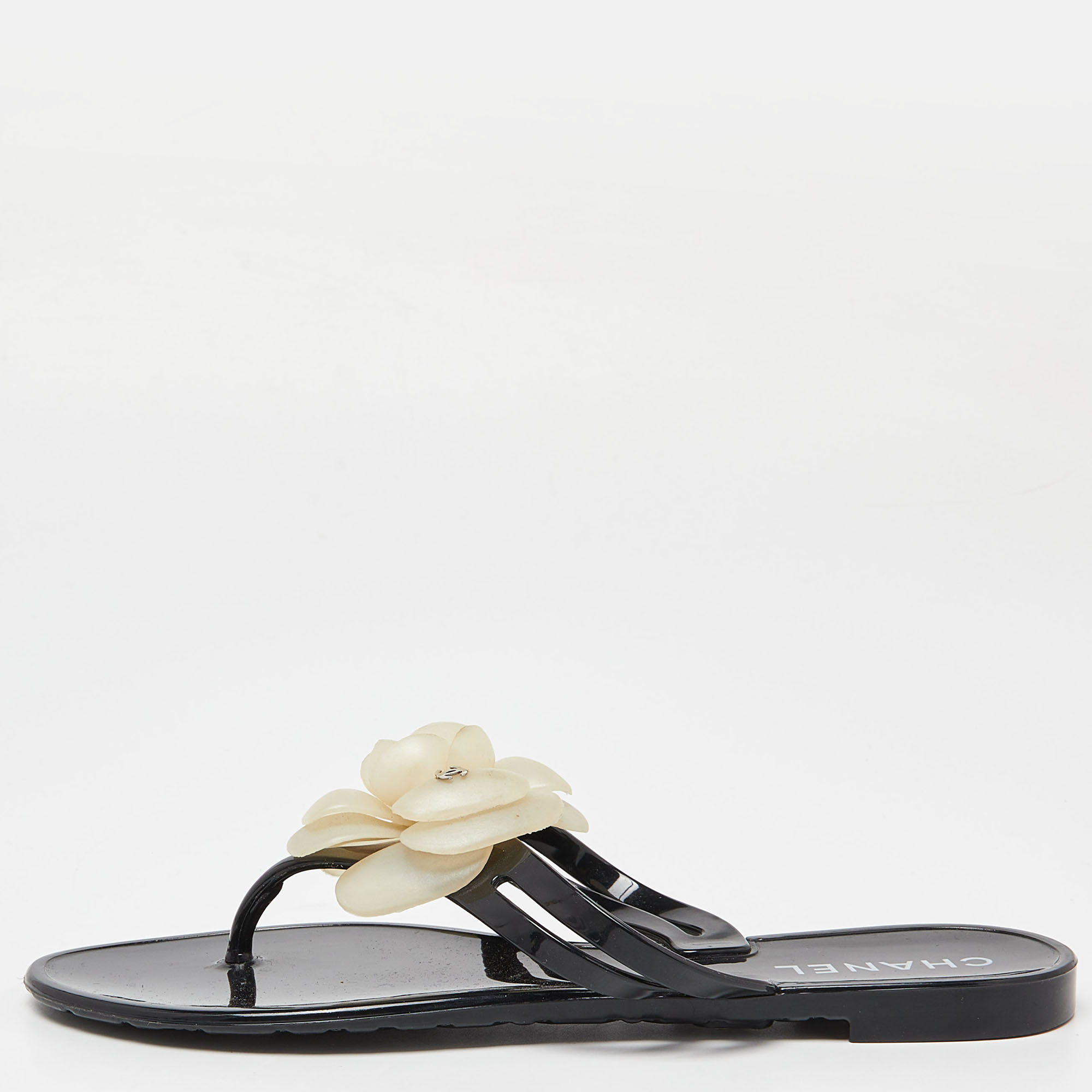 Pre-owned Black Jelly Camelia Thong Flat Sandals Size 37