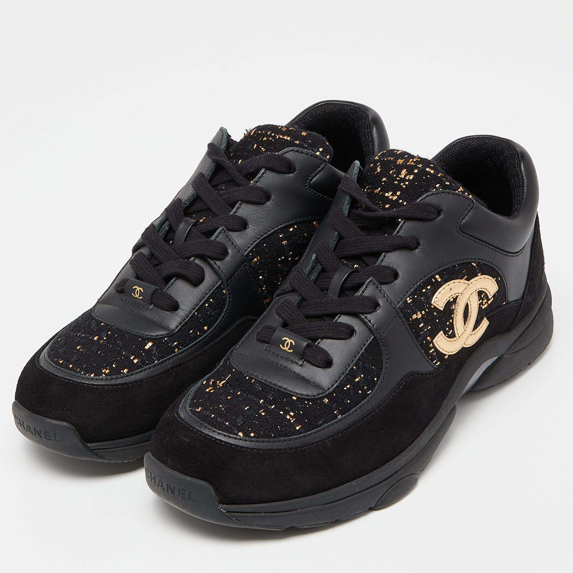 

Chanel Black/Gold Tweed,Suede and Leather CC Lace Up Sneakers Size