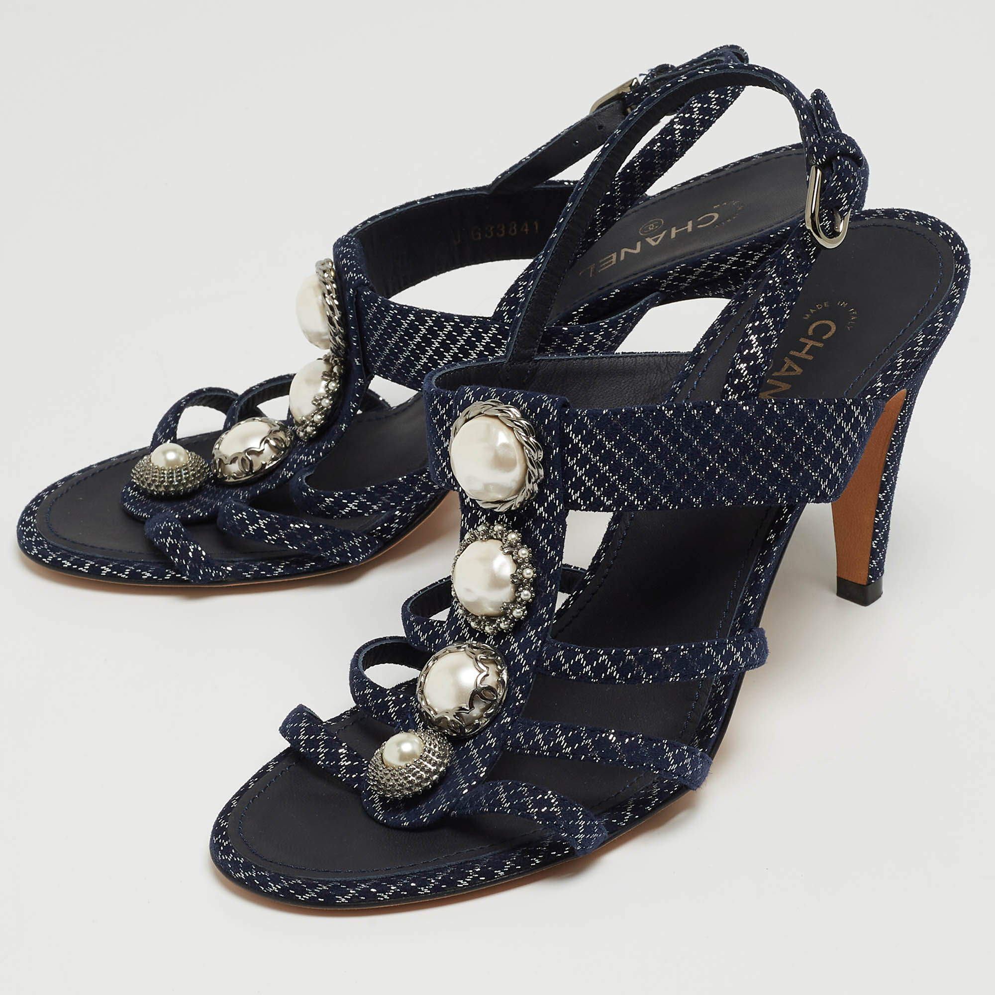 

Chanel Navy Blue Textured Suede Faux Pearl Embellished Slingback Sandals Size