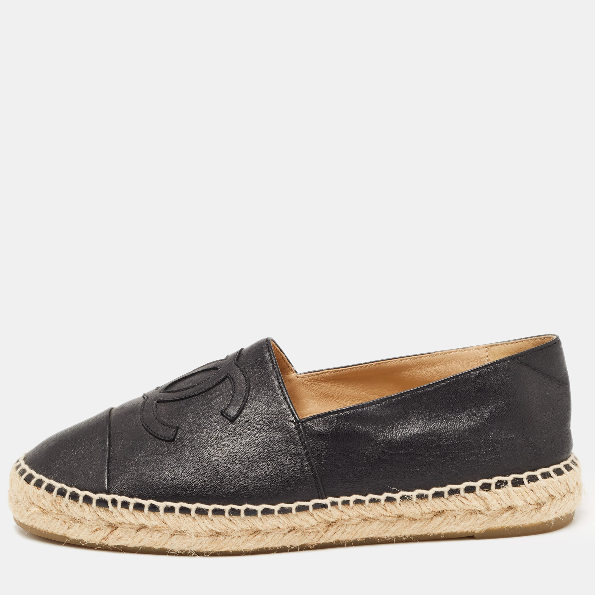Pre Owned Chanel Black Leather CC Cap Toe Espadrilles Size 38  