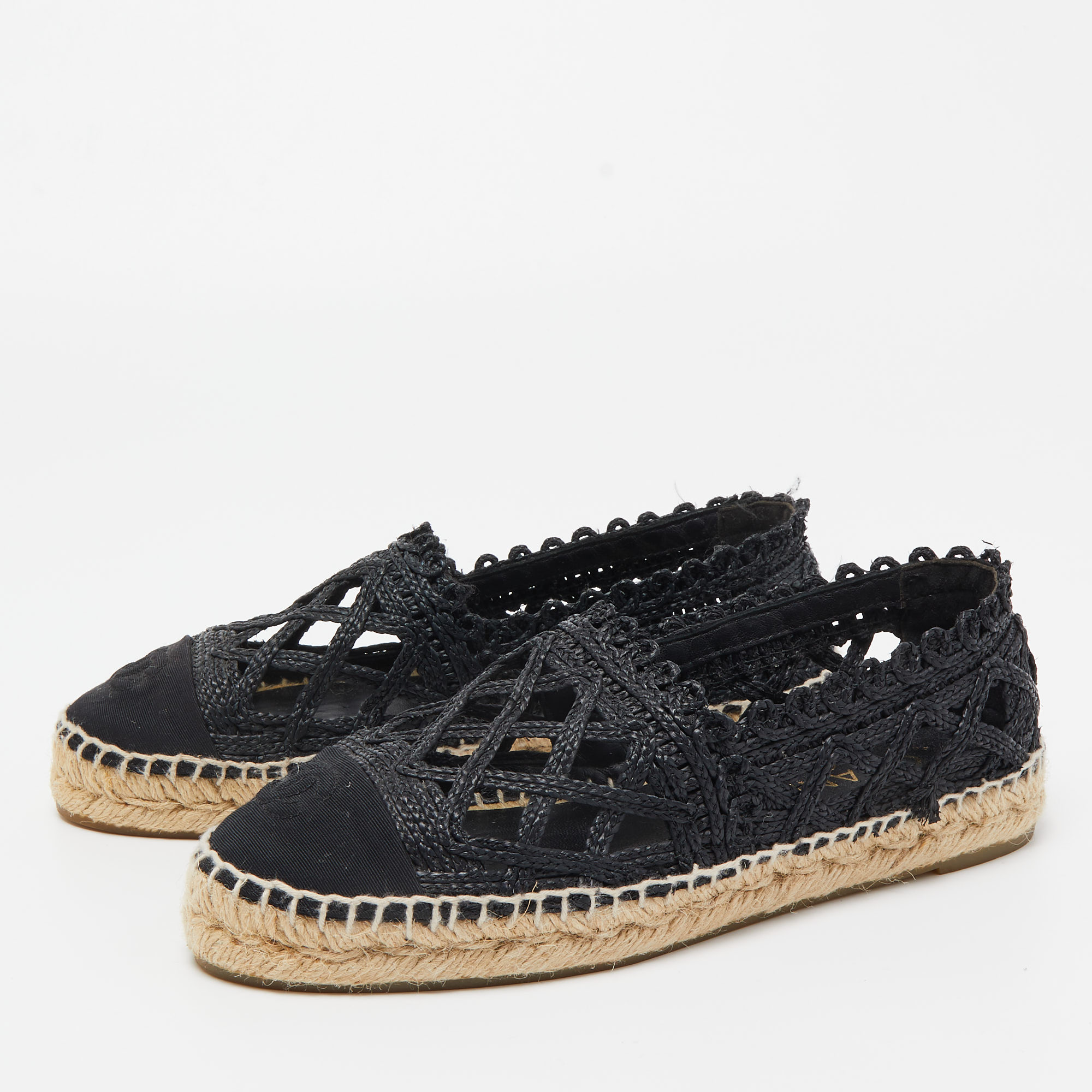 

Chanel Black Woven Raffia and Grosgrain Fabric CC Cap Toe Flat Espadrilles Size