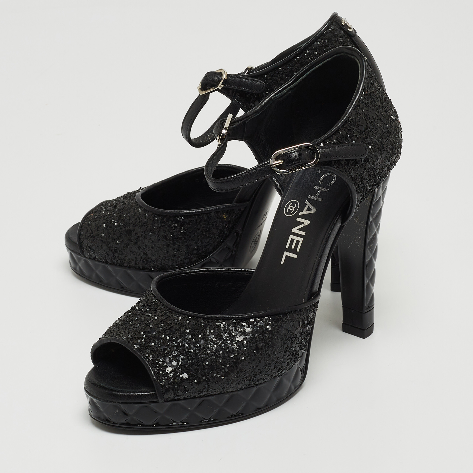 

Chanel Black Coarse Glitter CC Platform Ankle Strap Sandals Size