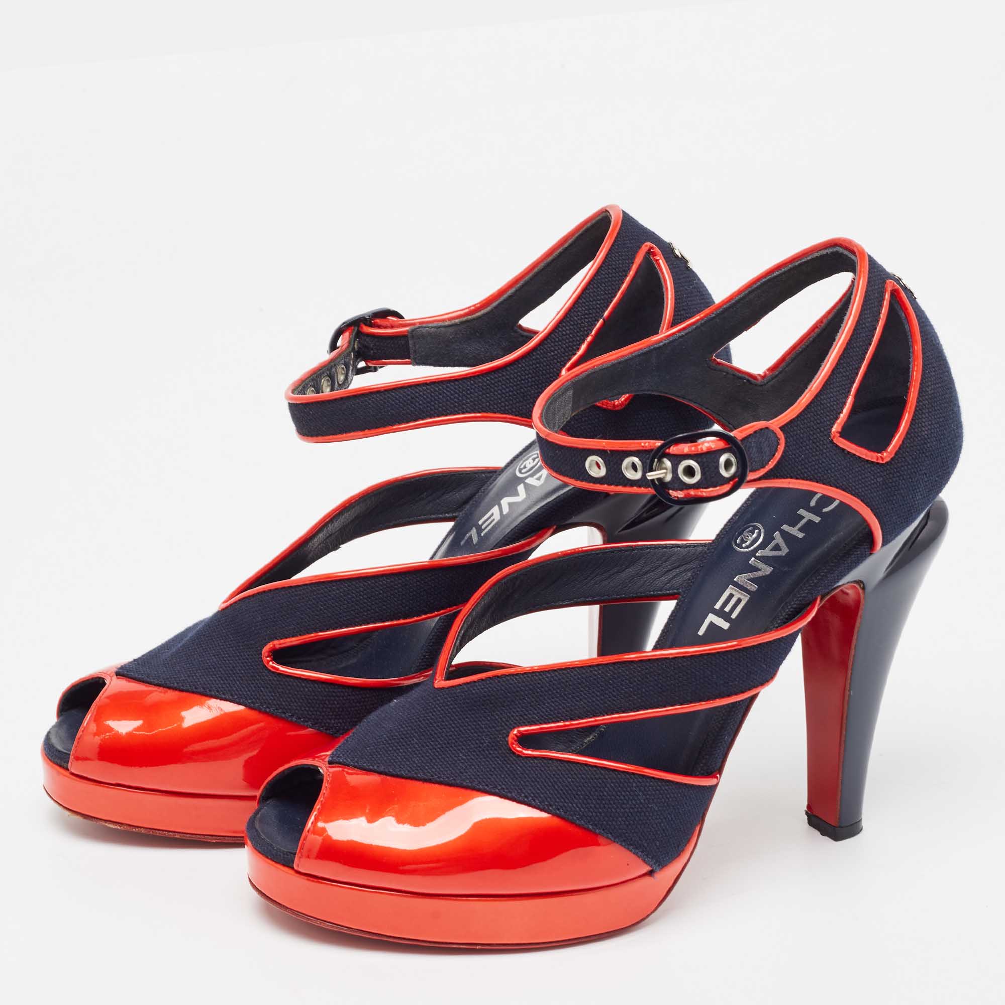 

Chanel Navy Blue/Red Canvas and Patent Leather CC Peep Toe Ankle Strap Sandals Size