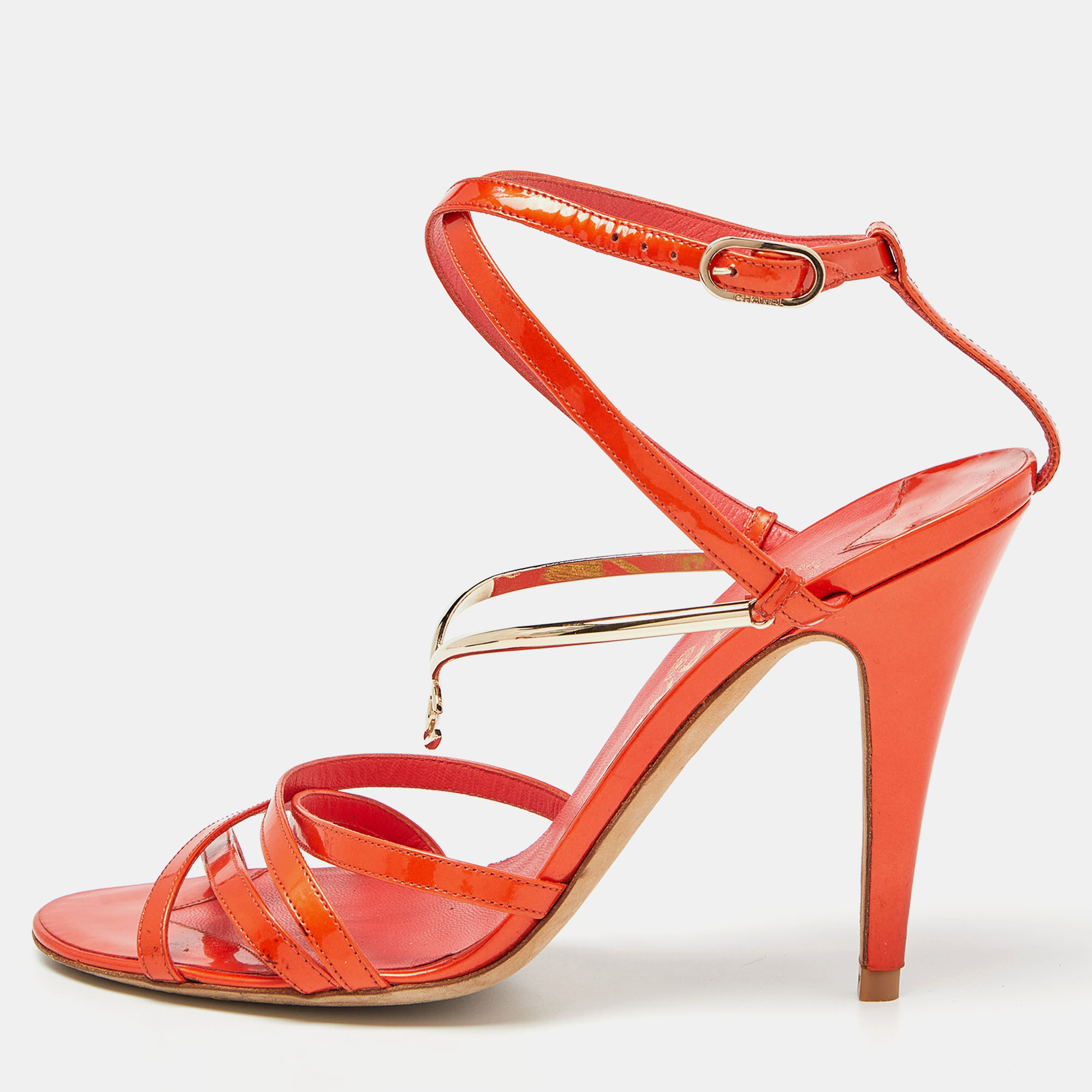 Pre-owned Chanel Orange Patent Ankle Strap Sandals Size 39.5
