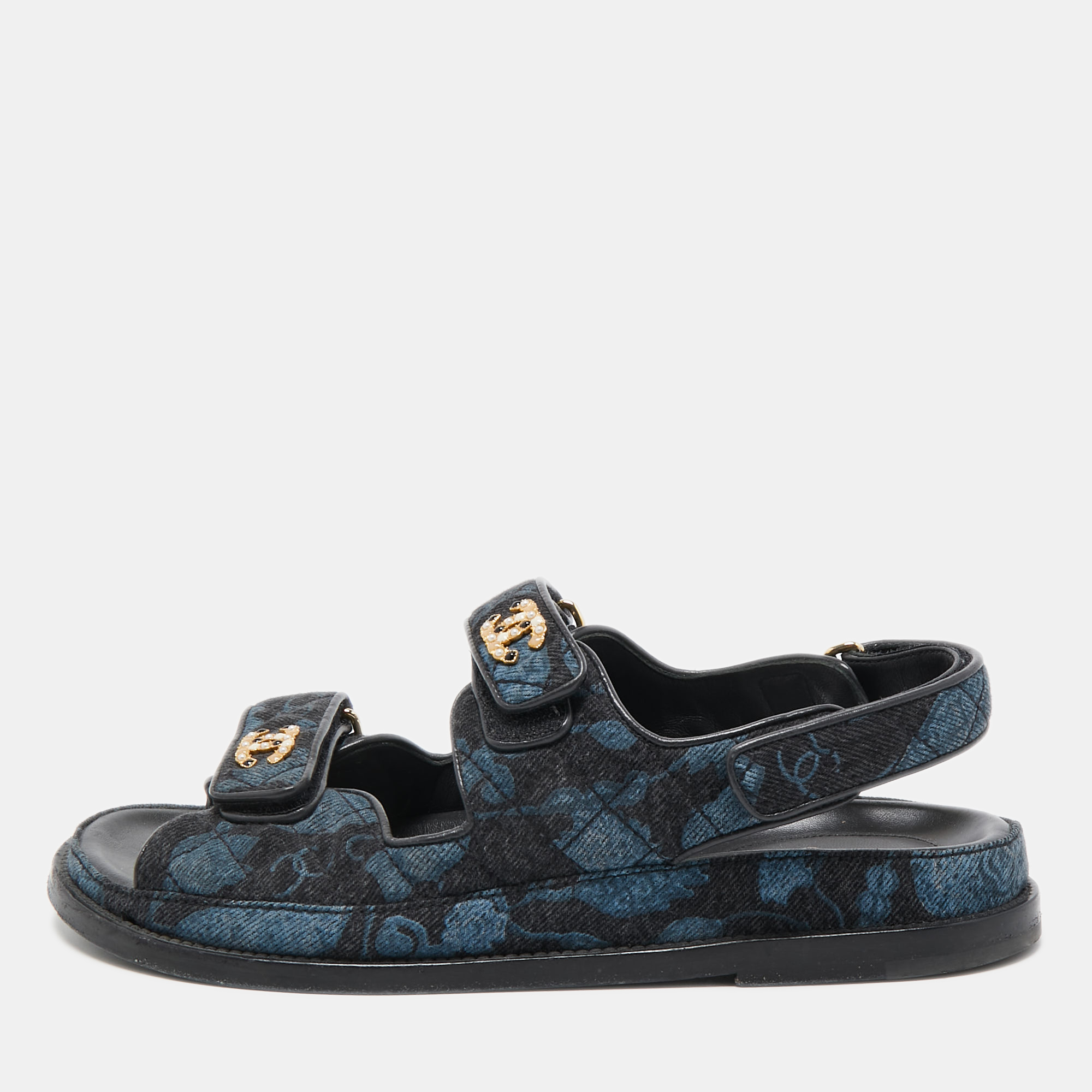 Pre Owned Chanel Blue/Black Denim CC Logo Dad Sandals Size 39.5