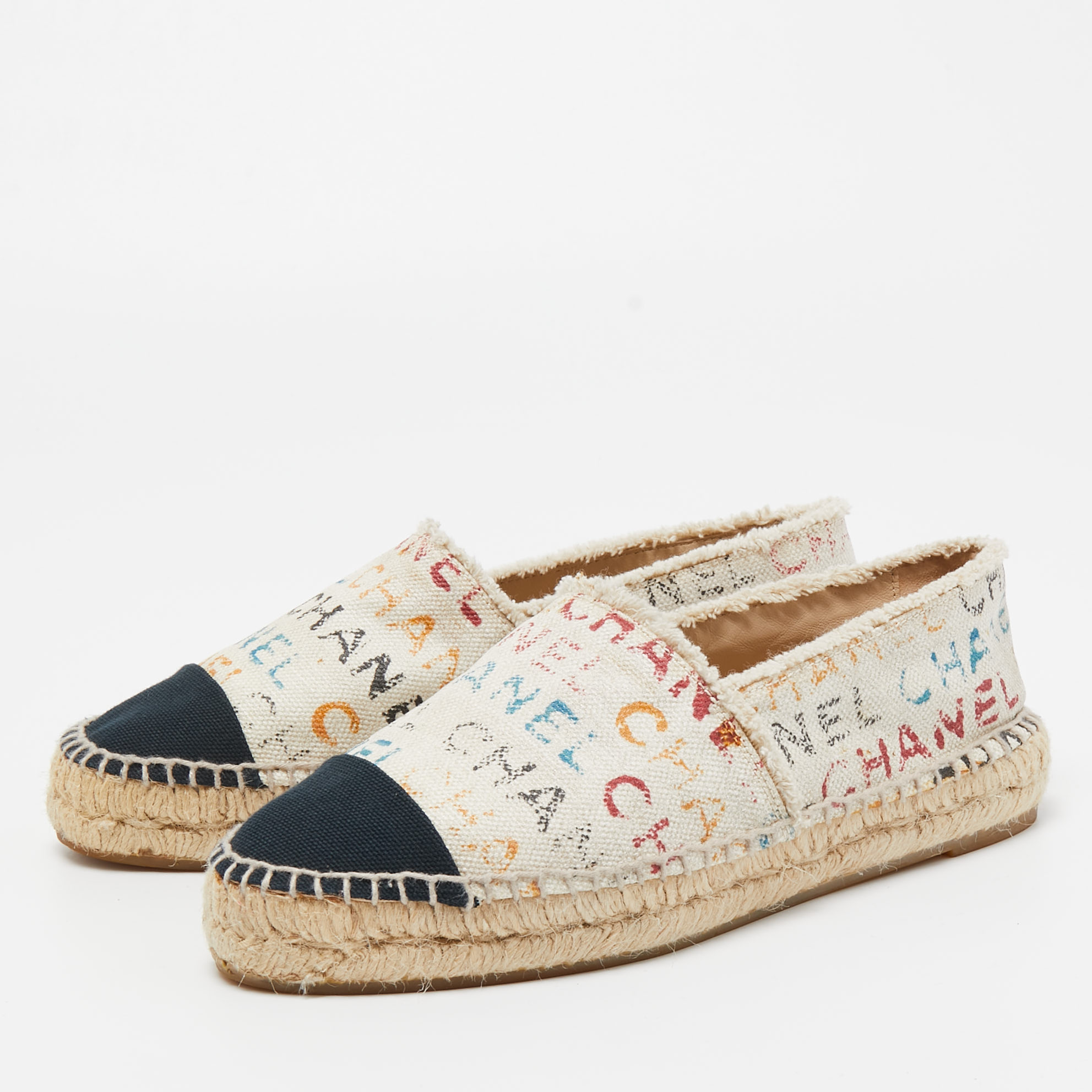 

Chanel Cream Logo Print Canvas Espadrille Flats Size