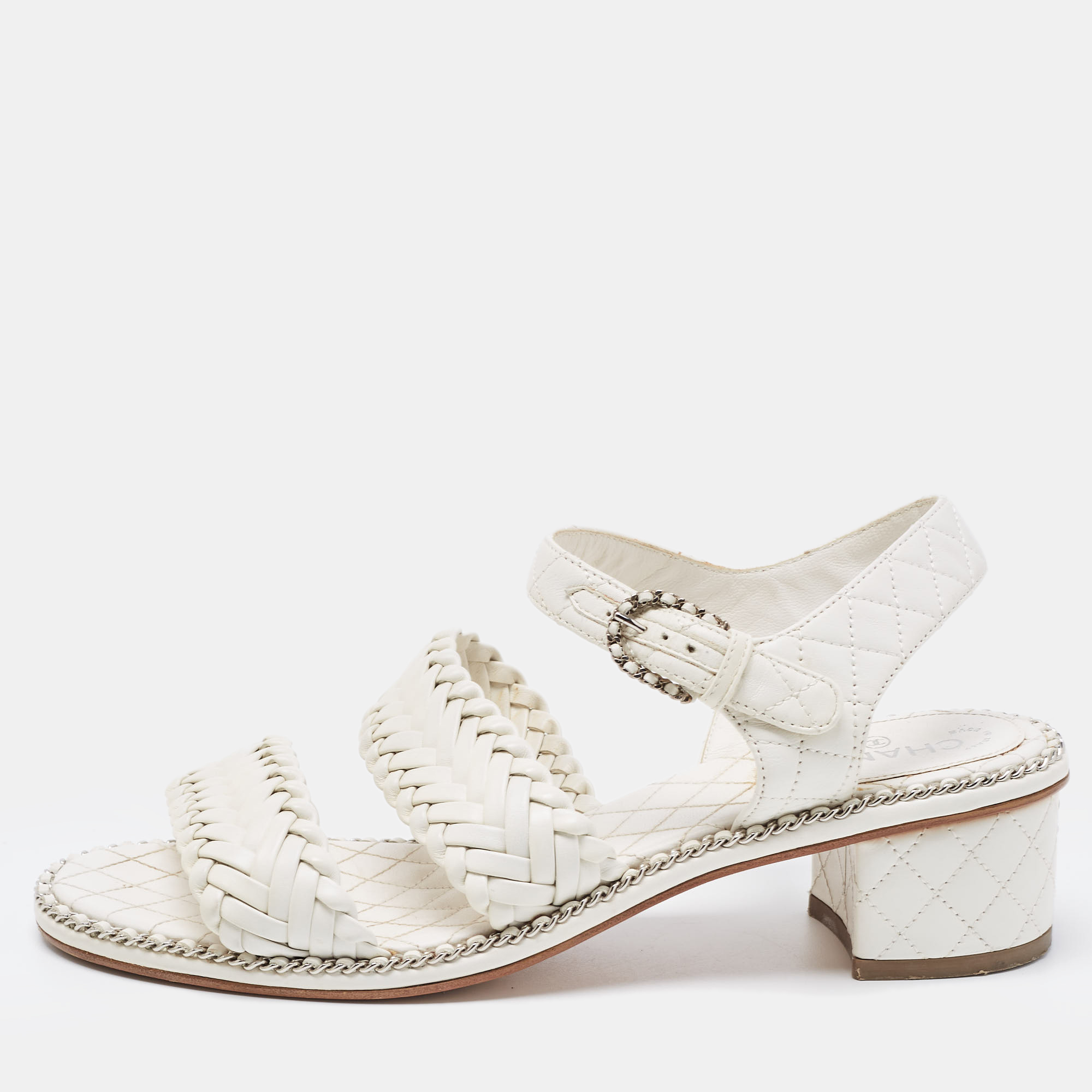 Pre Owned Chanel White Woven Leather Ankle Strap Sandals Size 37.5