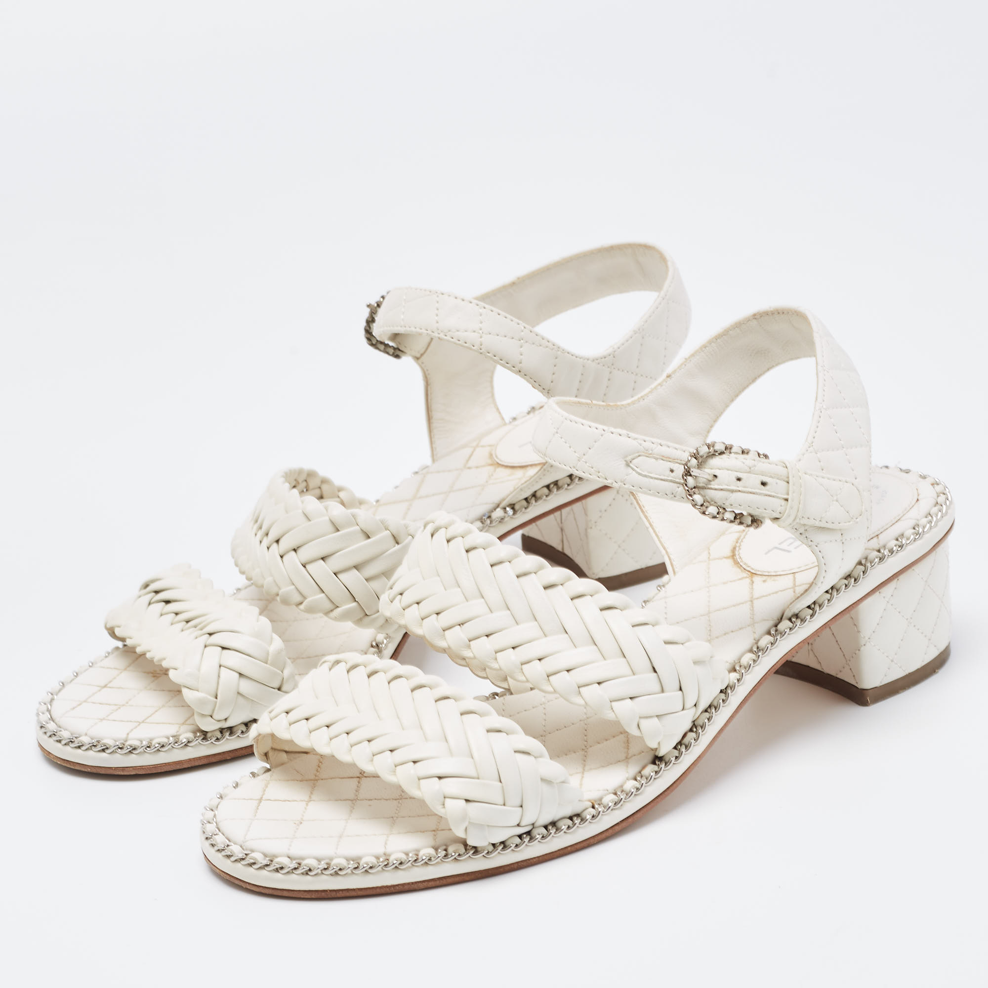 

Chanel White Woven Leather Ankle Strap Sandals Size