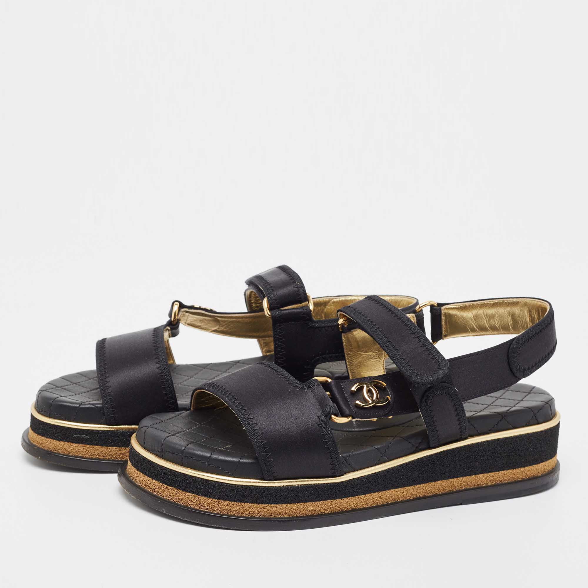 

Chanel Black Satin CC Velcro Strap Flat Sandals Size