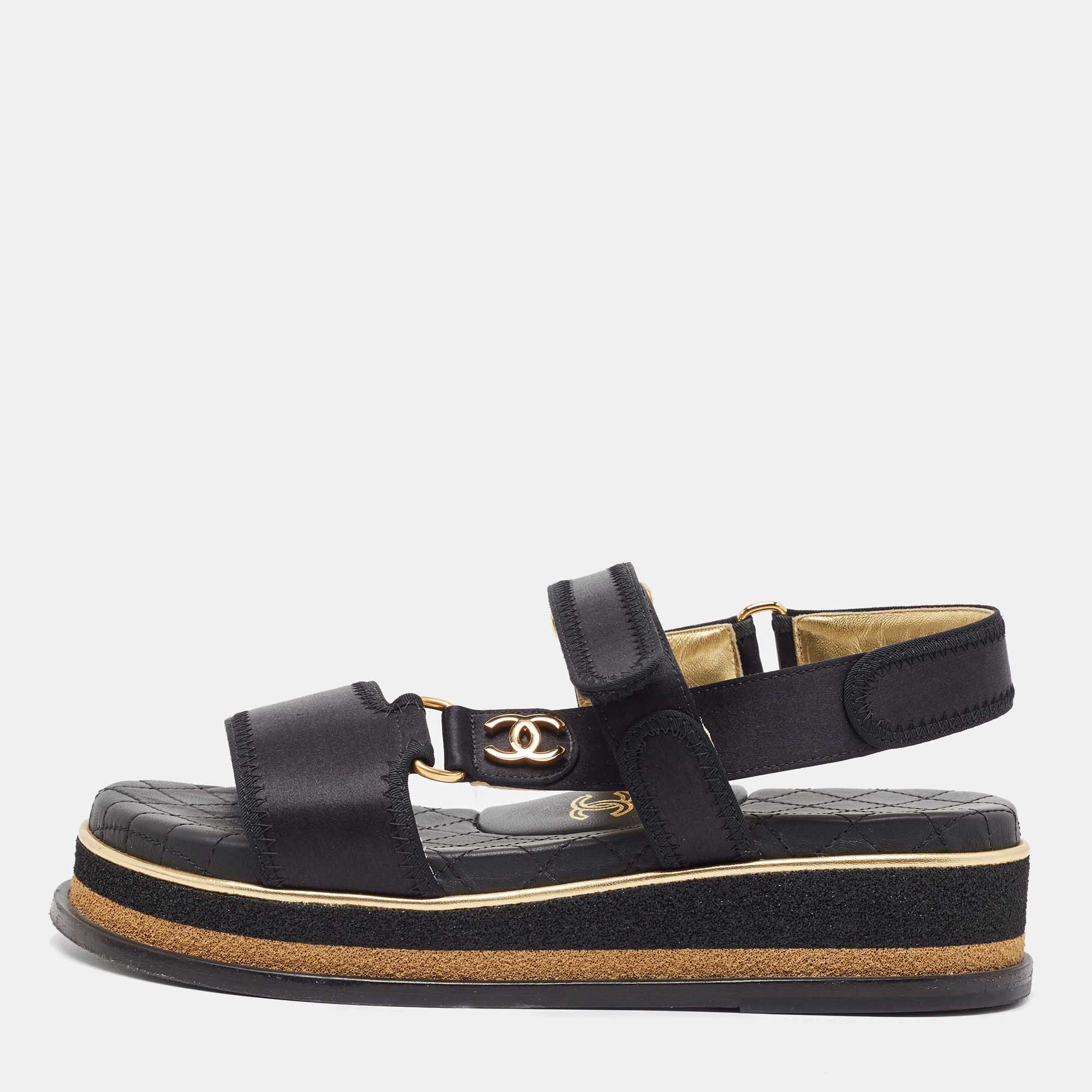 Chanel Black Satin CC Velcro Strap Flat Sandals Size 36 Chanel