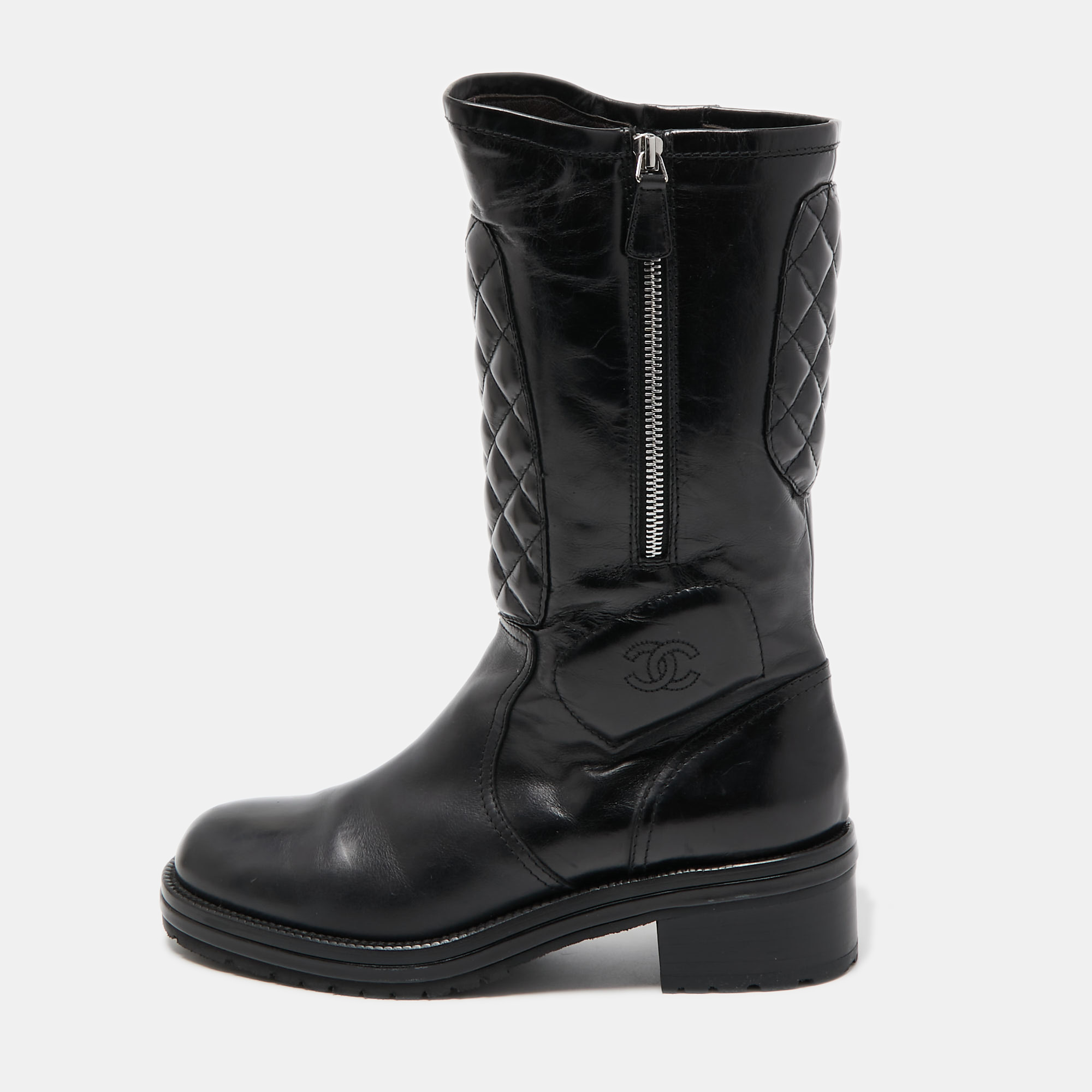 Pre Owned Chanel Black Quilted Leather Mid Calf Boots Size 41.5