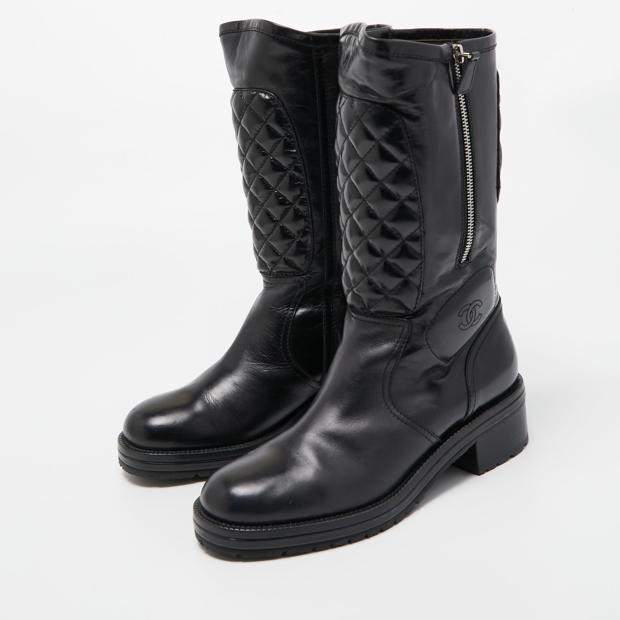 

Chanel Black Quilted Leather Mid Calf Boots Size