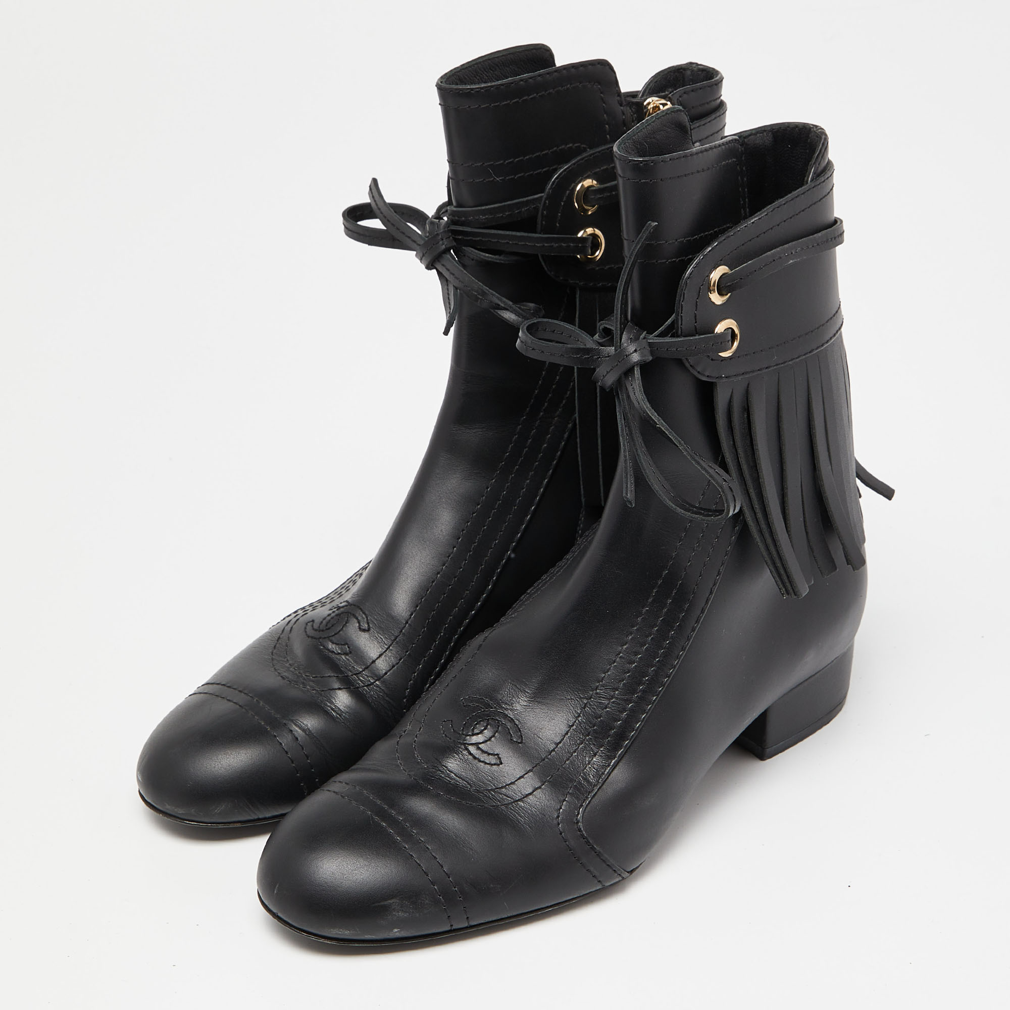 

Chanel Black Leather Fringe Double Zip CC Boots Size