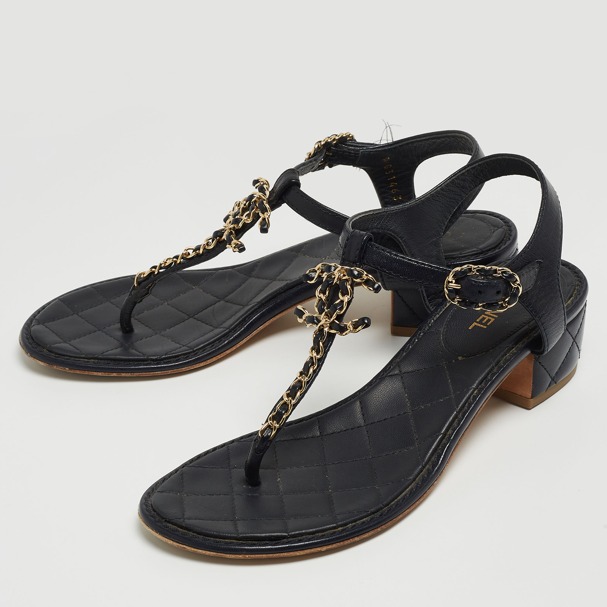 

Chanel Navy Blue Leather CC Chain Link Ankle Strap Sandals Size