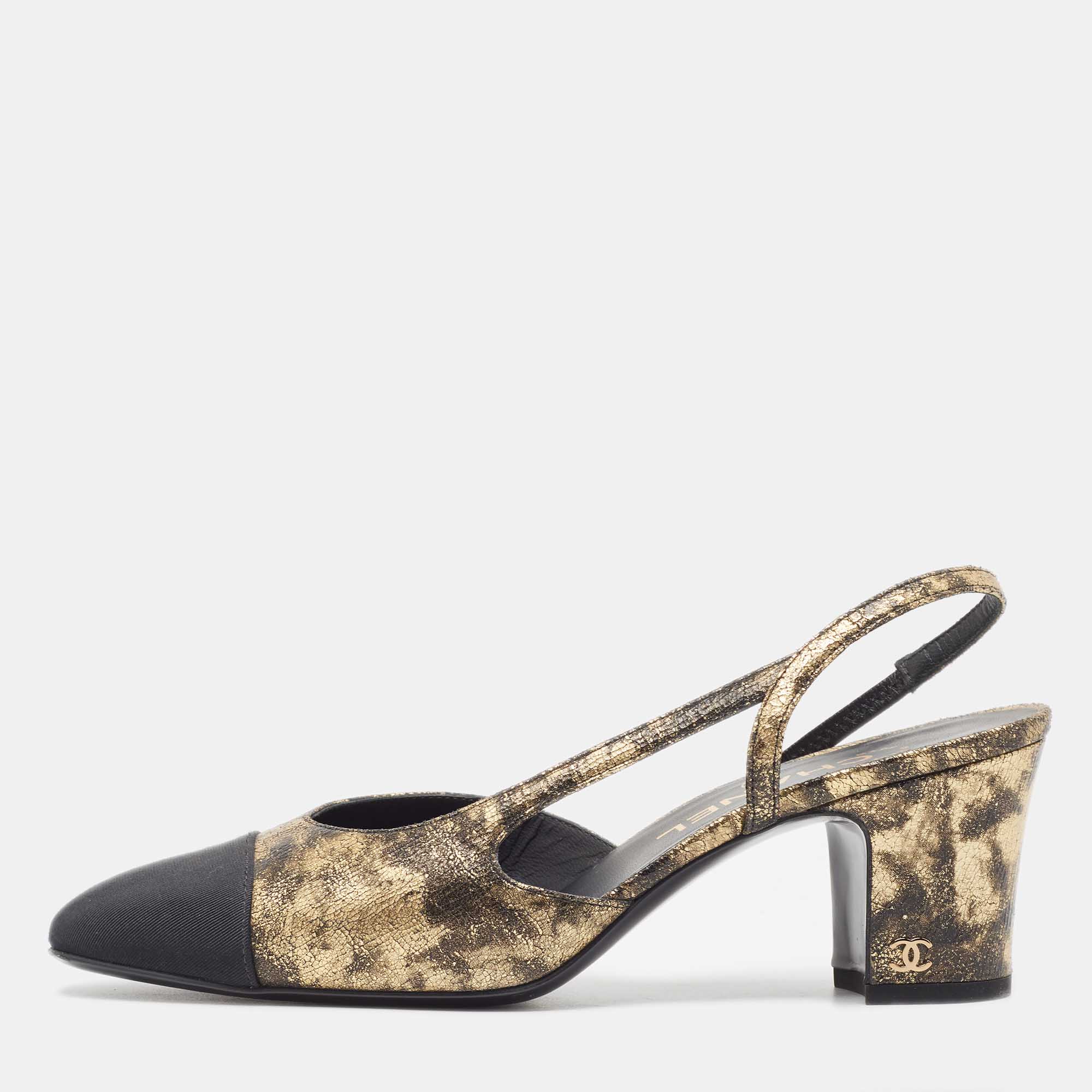 Chanel Black/Gold Leather CC Cap Toe Slingback Pumps Size 38