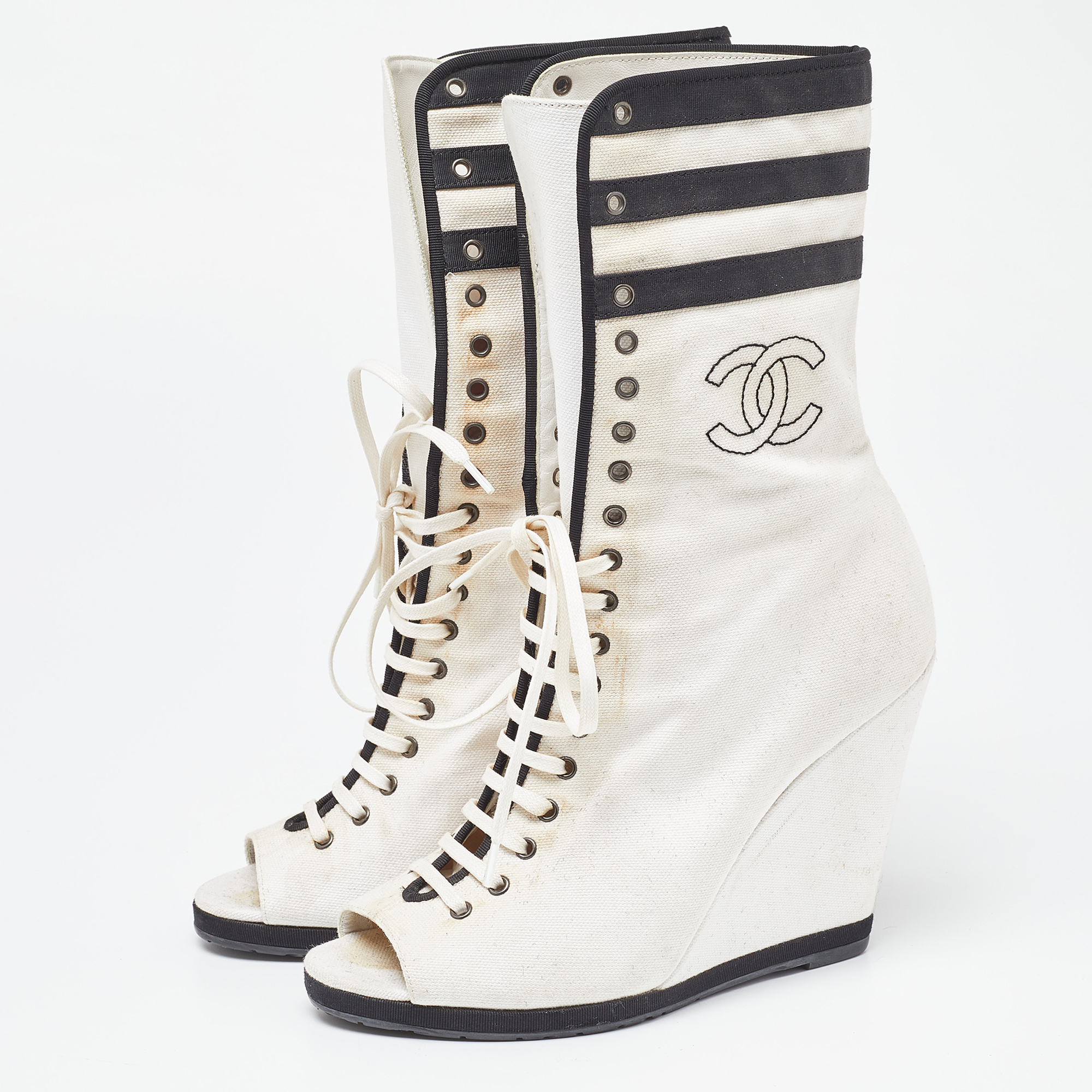 

Chanel White/Black Canvas CC Wedge Peep Toe Mid Calf Boots Size