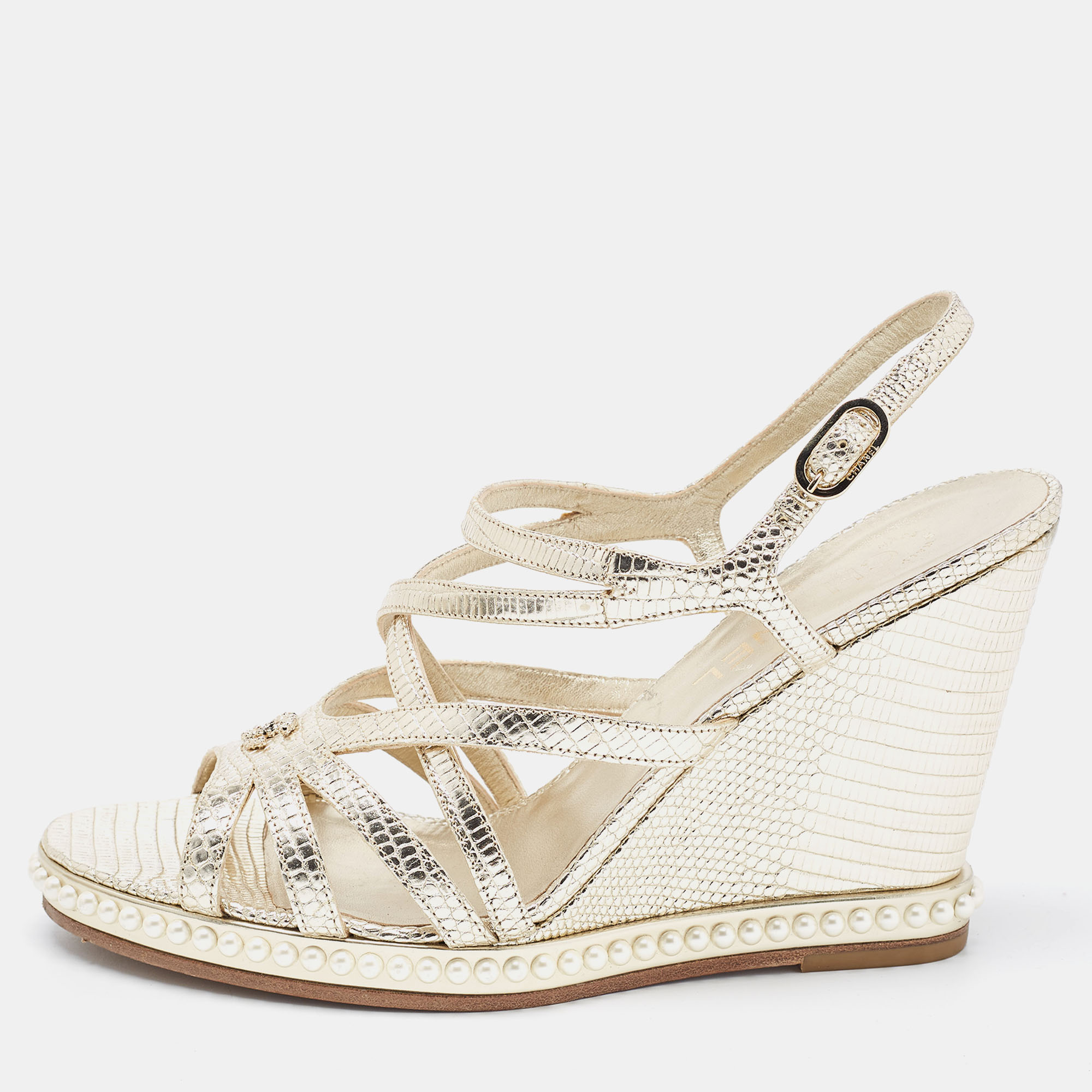 Pre Owned Chanel Gold Lizard Embossed Leather Pearl Embellished Wedge Ankle Strap Sandals Size 41