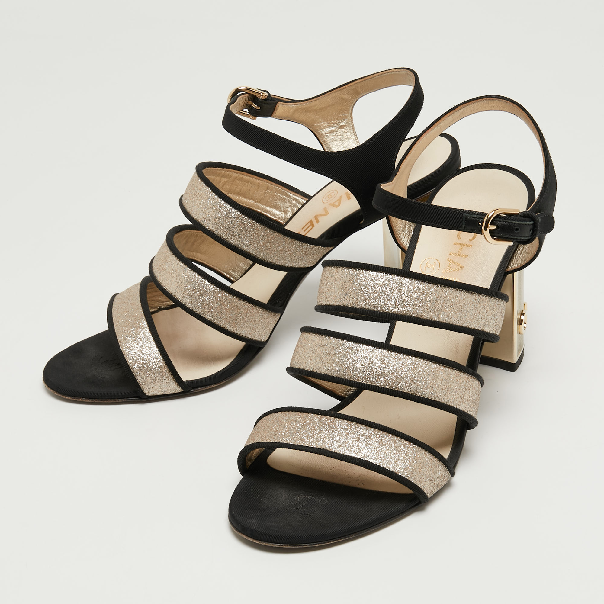 

Chanel Gold/Black Glitter and Fabric Ankle Strap Sandals Size