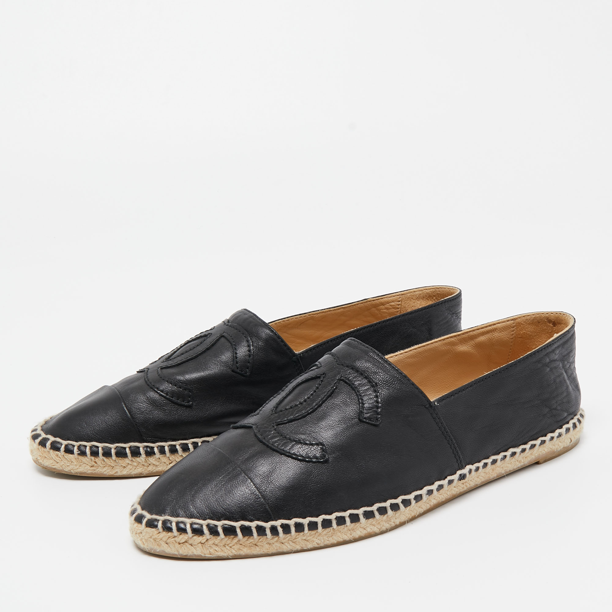 

Chanel Black Leather CC Espadrille Flats Size