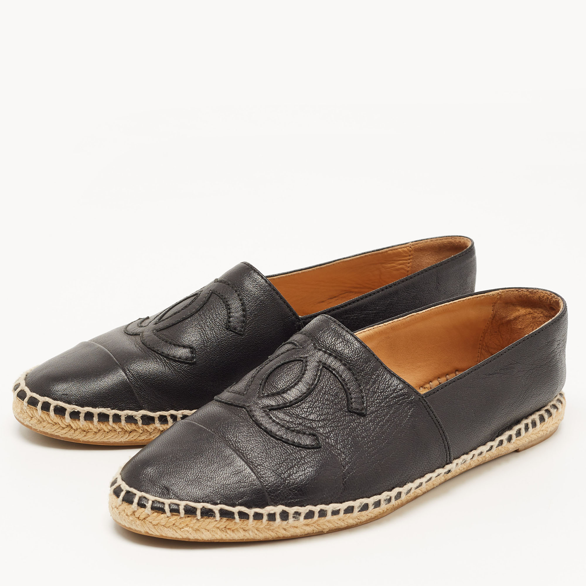 

Chanel Black Leather CC Espadrille Flats Size