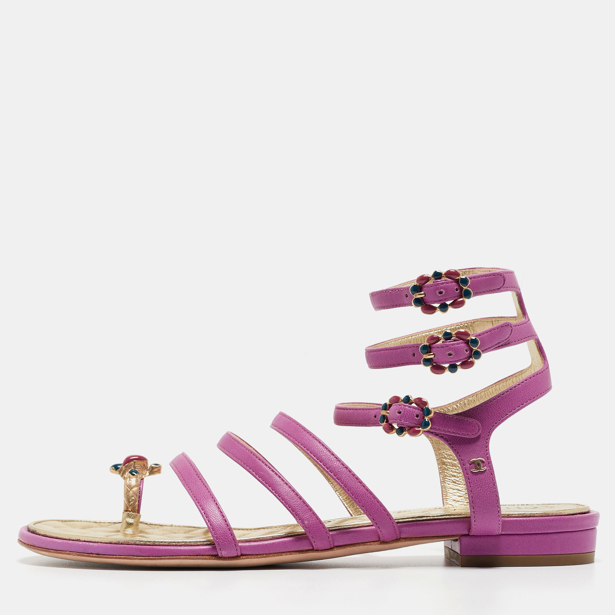 Pre-owned Chanel Purple Leather Embellished Toe Ring Ankle Strap Flat Sandals Size 36.5