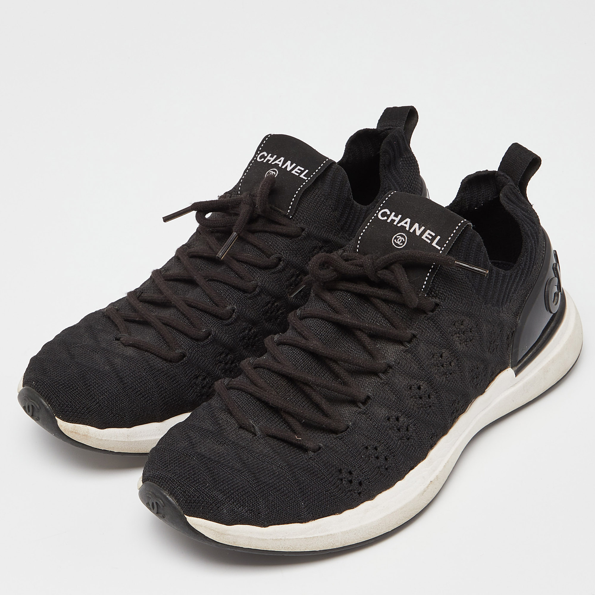 

Chanel Black Knit Fabric Lace Up Sneakers Size