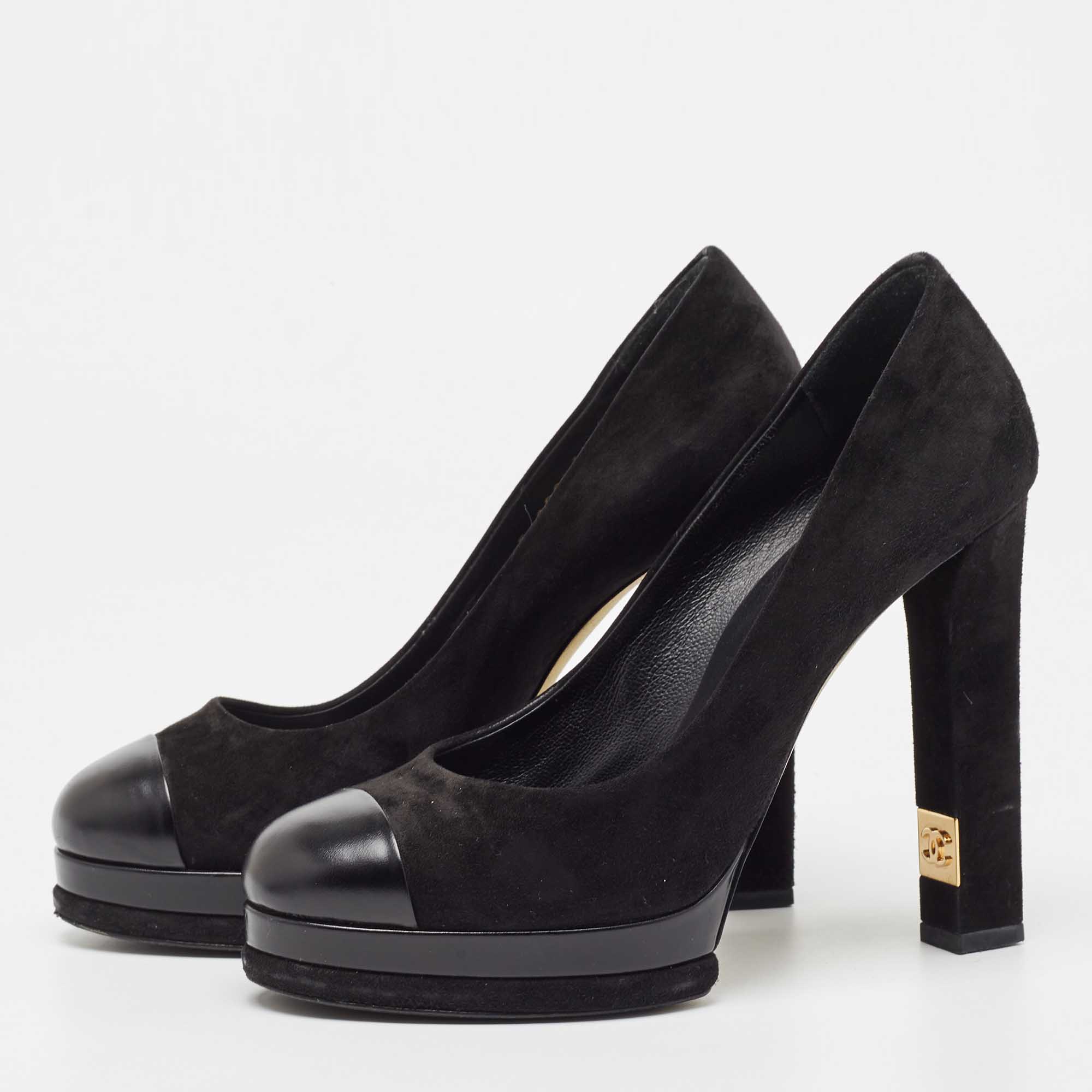 

Chanel Black Suede and Leather Cap Toe Platform Pumps Size