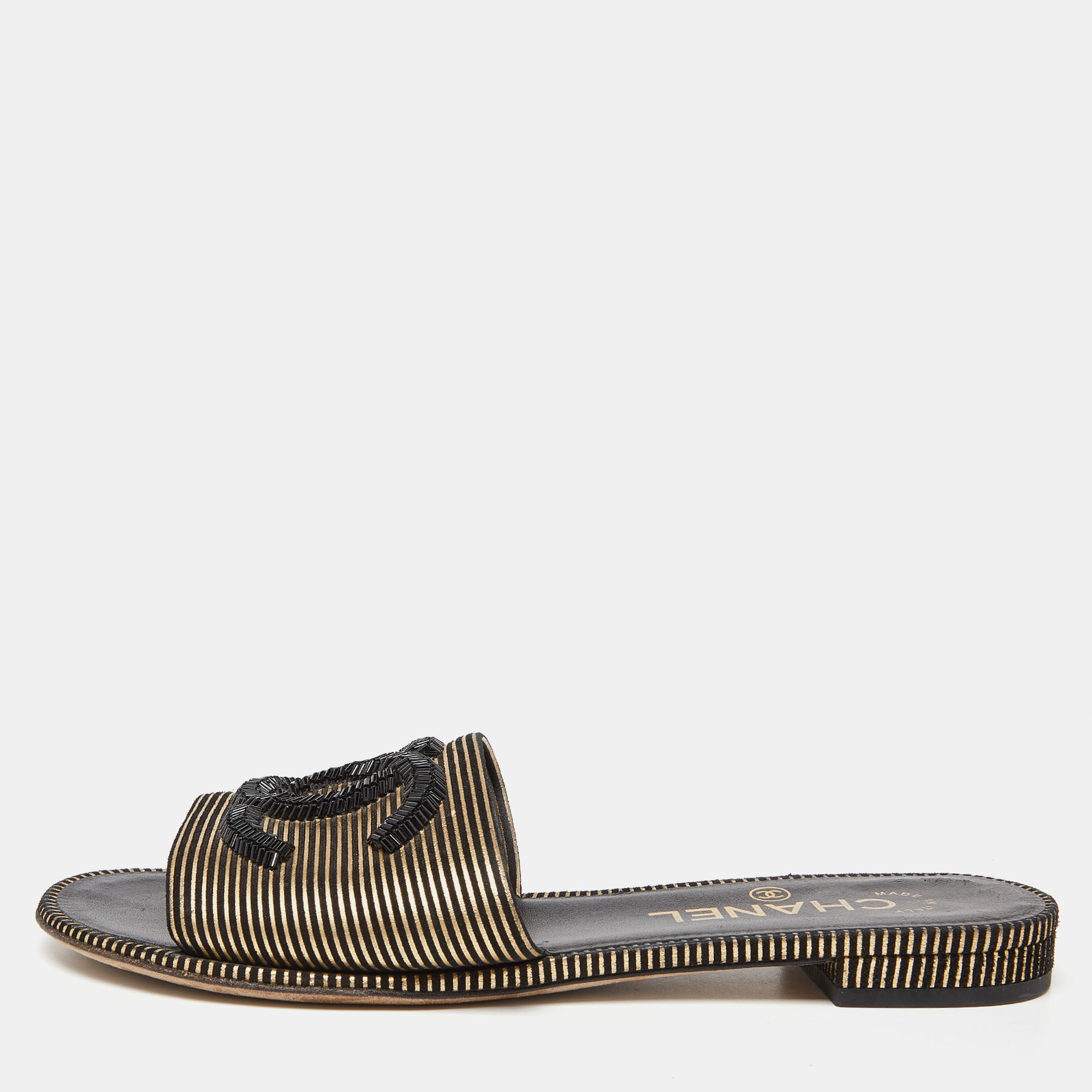 Pre Owned Chanel Black/Gold Suede Beaded CC Flat Slides Size 36