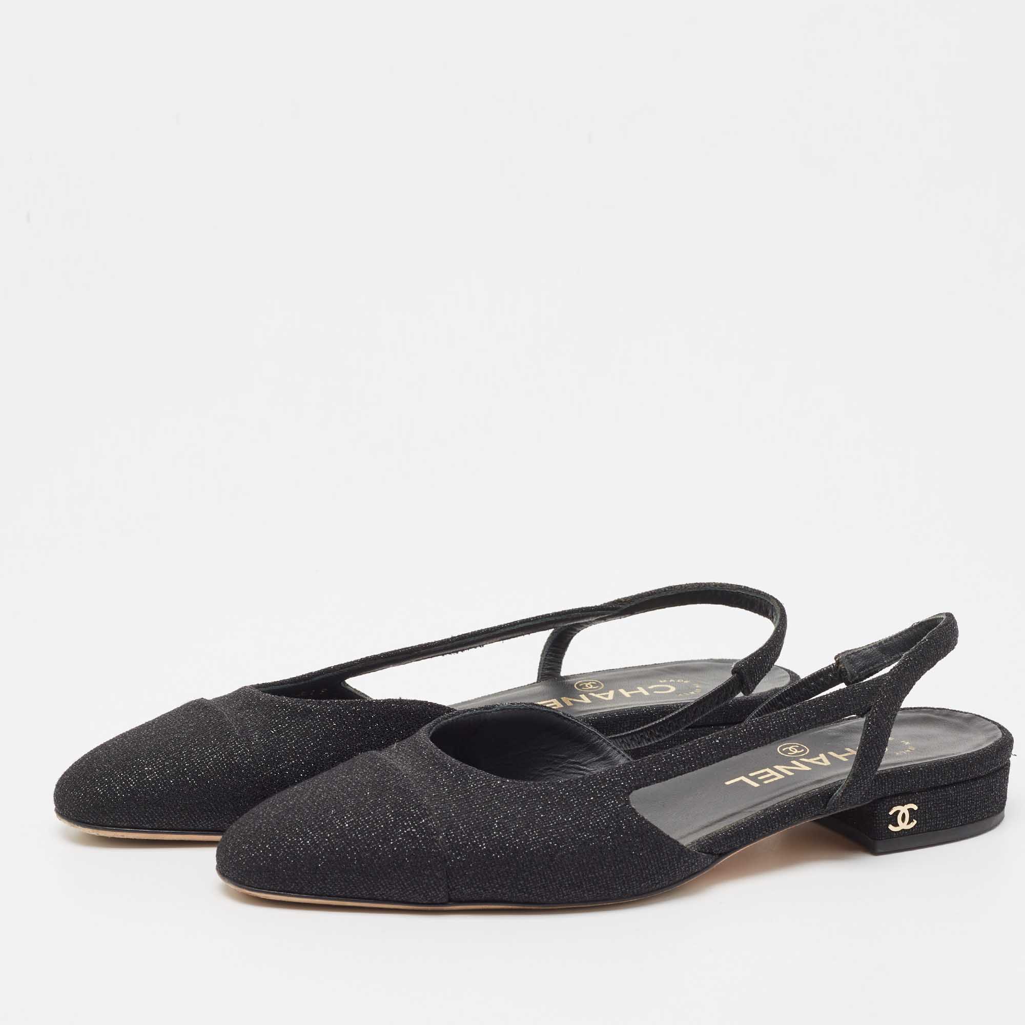 

Chanel Black Glitter Fabric CC Slingback Flats Size