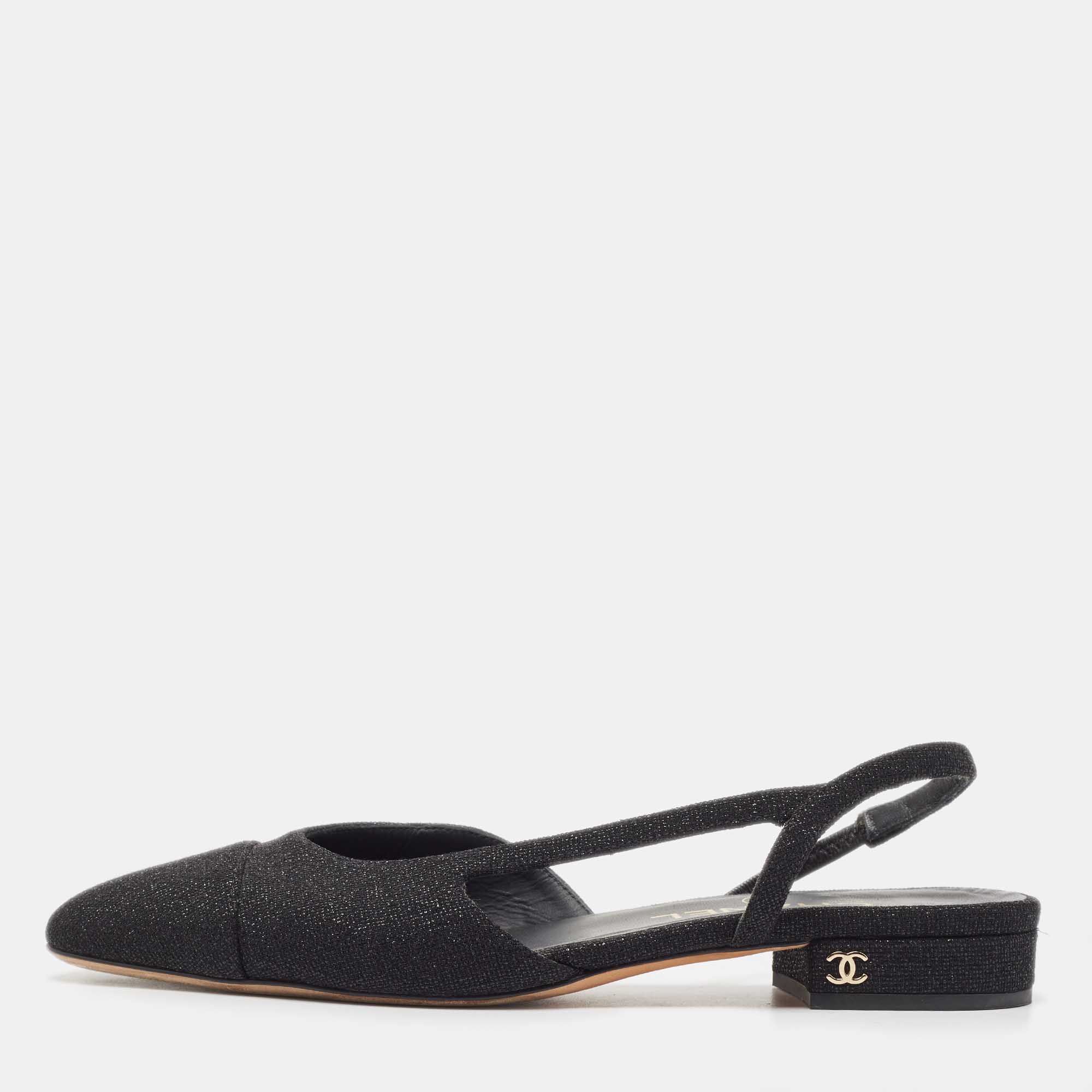 Pre Owned Chanel Black Glitter Fabric CC Slingback Flats Size 37.5