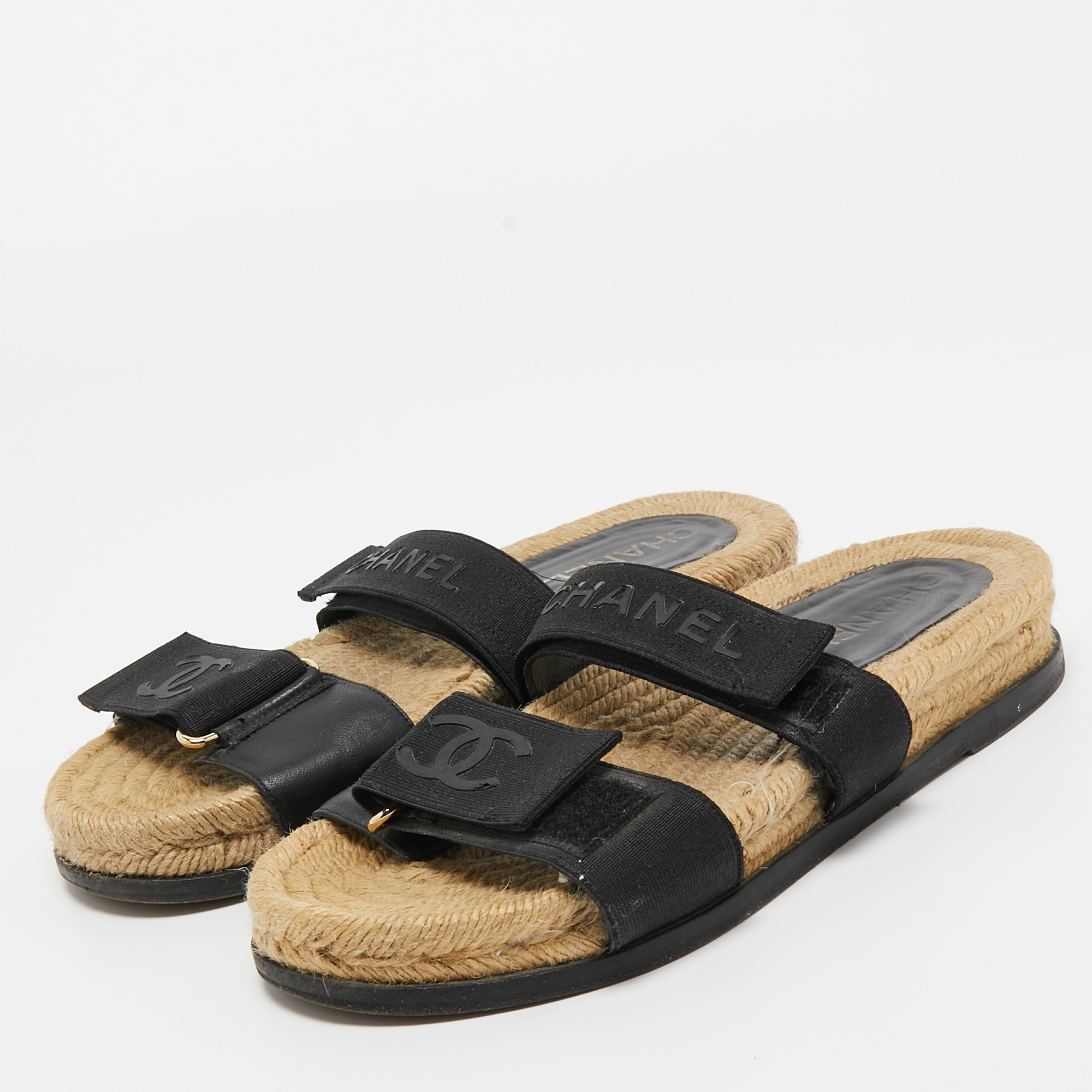 

Chanel Black Leather And Canvas CC Velcro Espadrille Flat Sandals Size