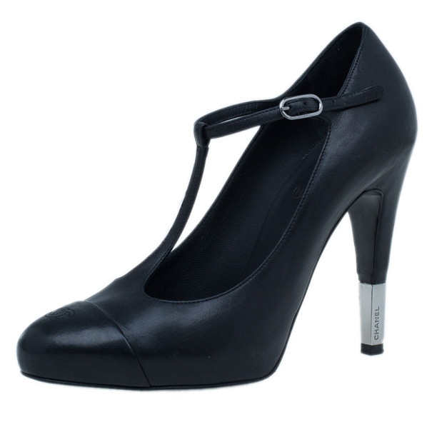 Pre Owned Chanel Black Leather CC T Strap Pumps Size 37.5
