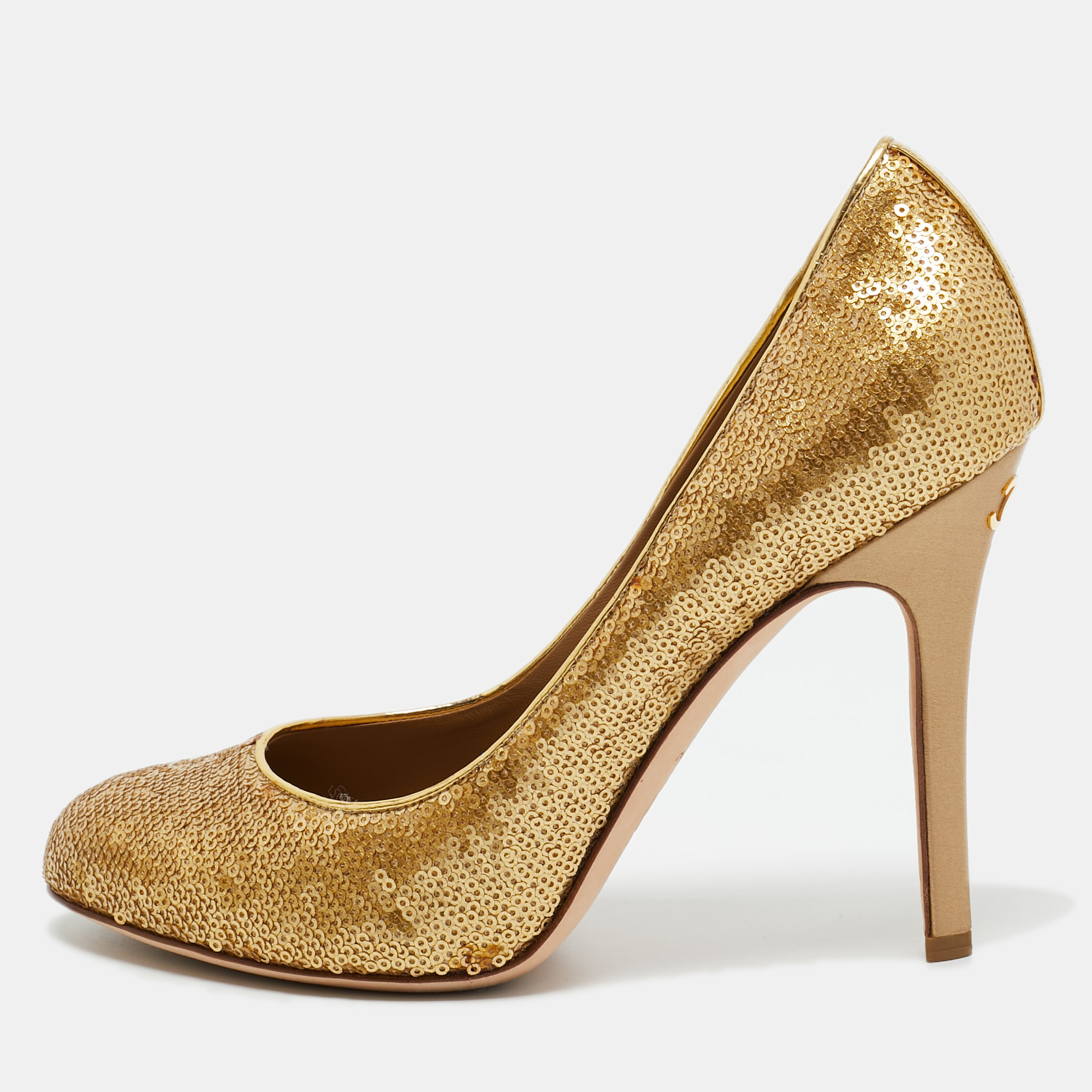 Pre-owned Chanel Gold Sequins Round Toe Pumps 39.5