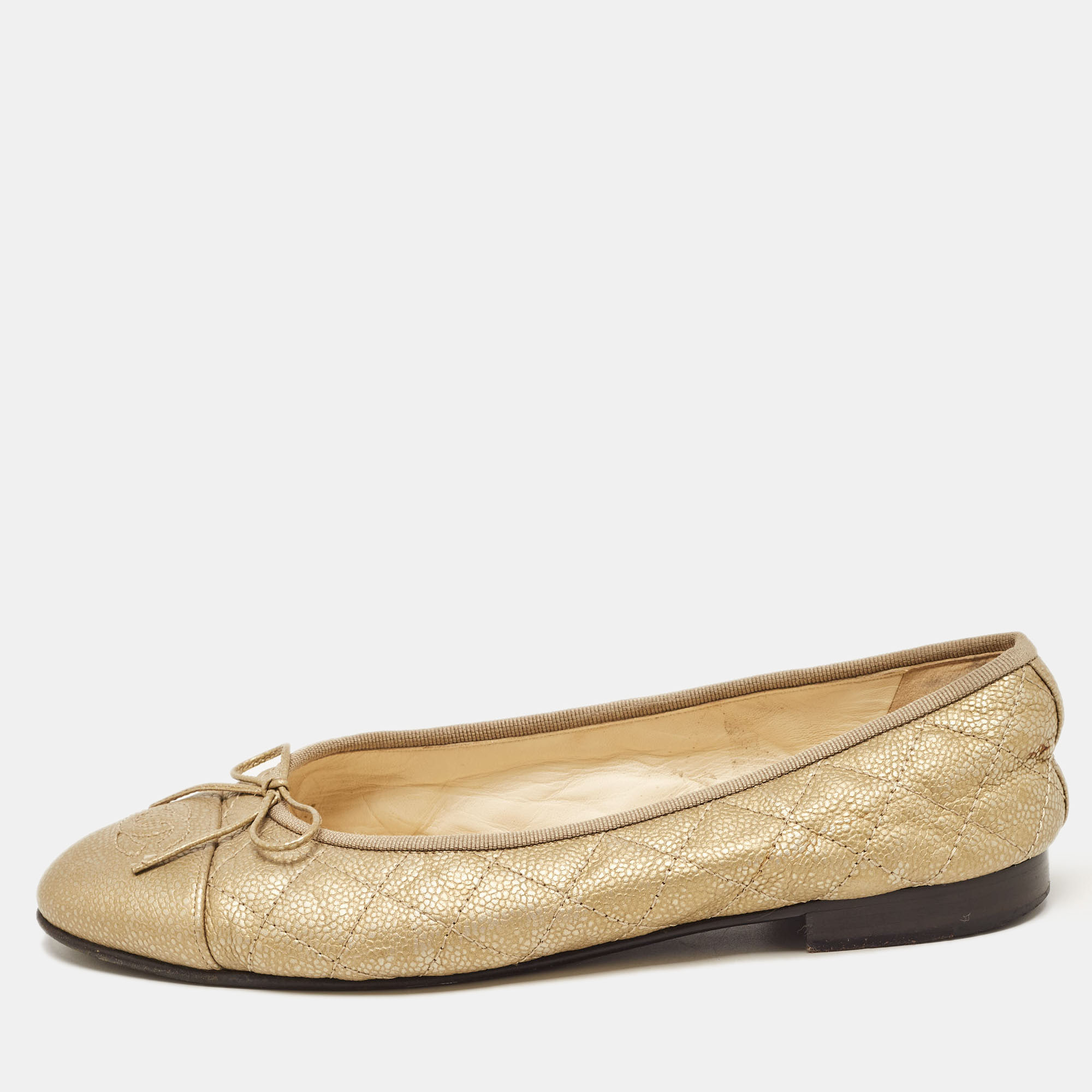 Pre Owned Chanel Gold Quilted Caviar Leather CC Cap Toe Bow Ballet Flats Size 39