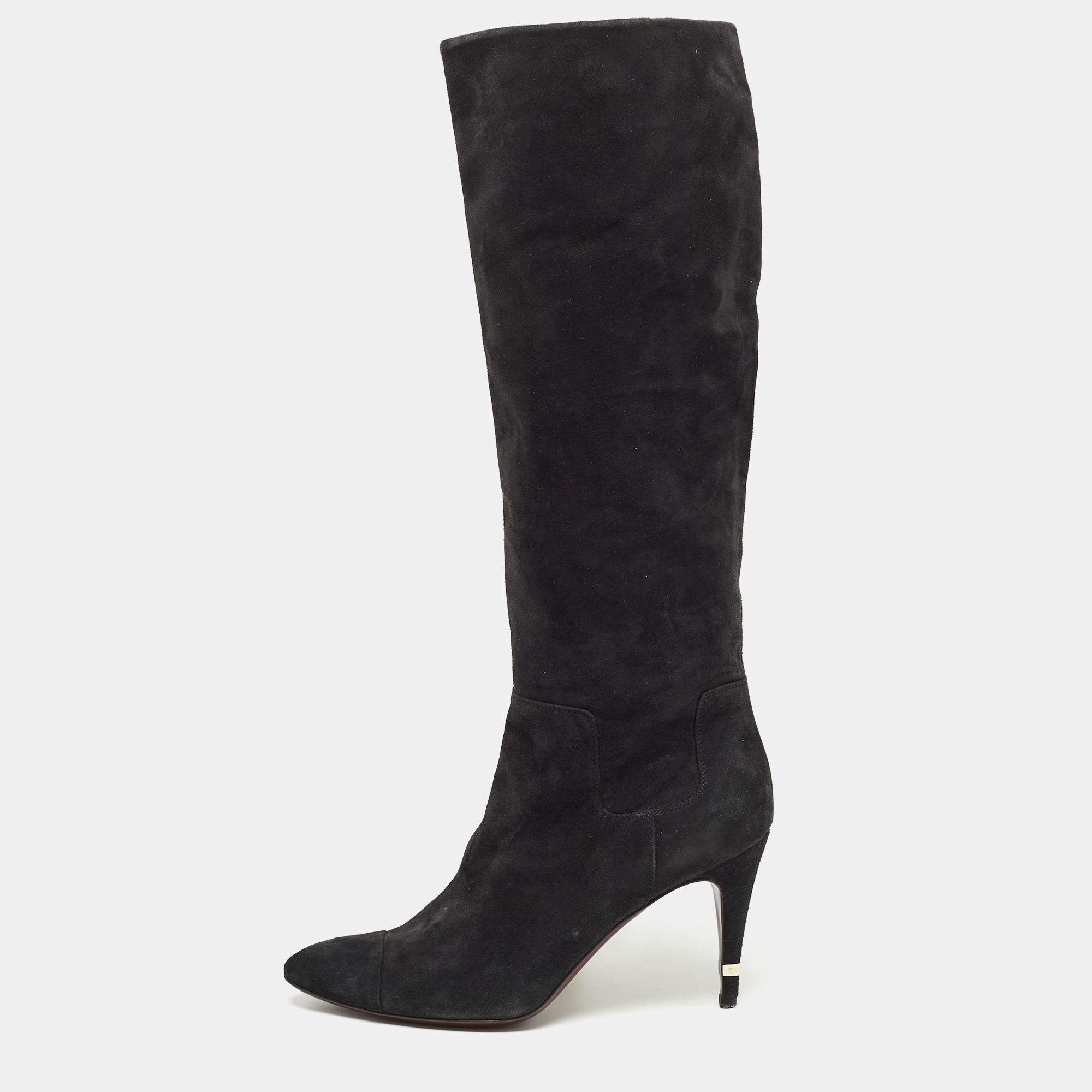 Pre-owned Chanel Black Suede Cc Knee Length Boots Size 39.5