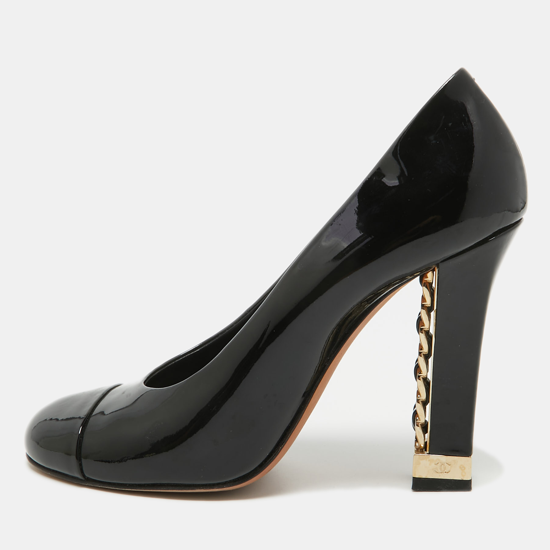 Pre Owned Chanel Black Patent Cap Toe Block Heel Pumps Size 39