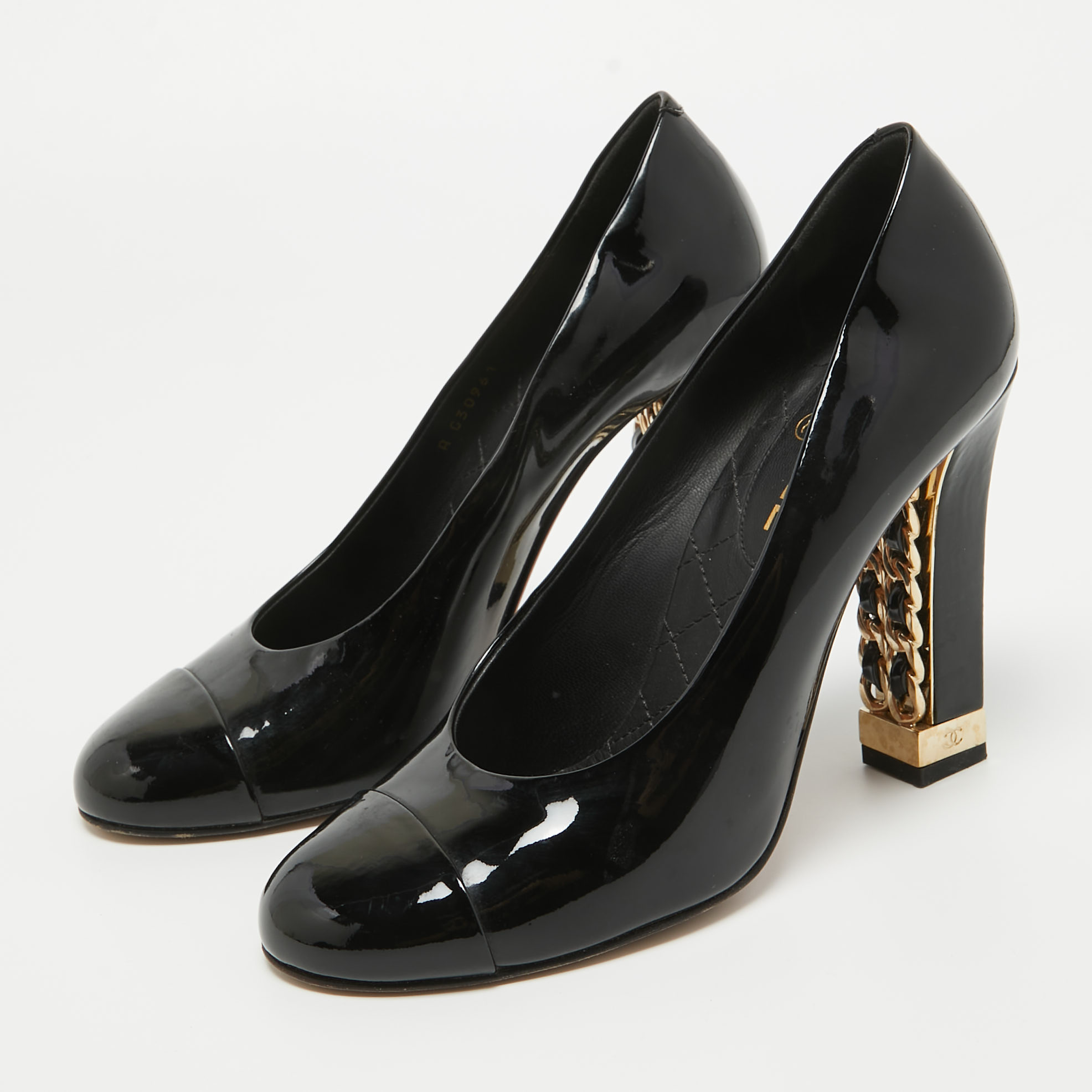 

Chanel Black Patent Cap Toe Block Heel Pumps Size
