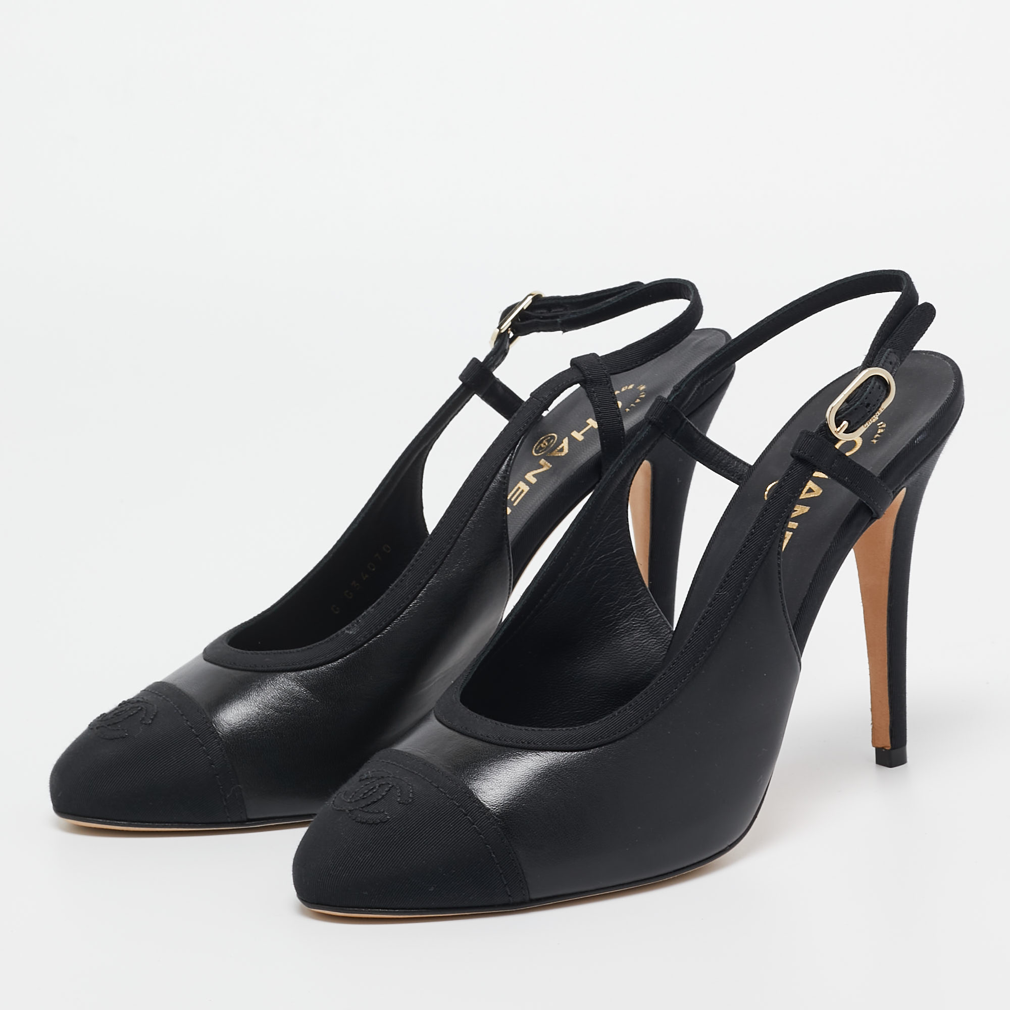 

Chanel Black Leather and Canvas CC Block Heel Slingback Pumps Size