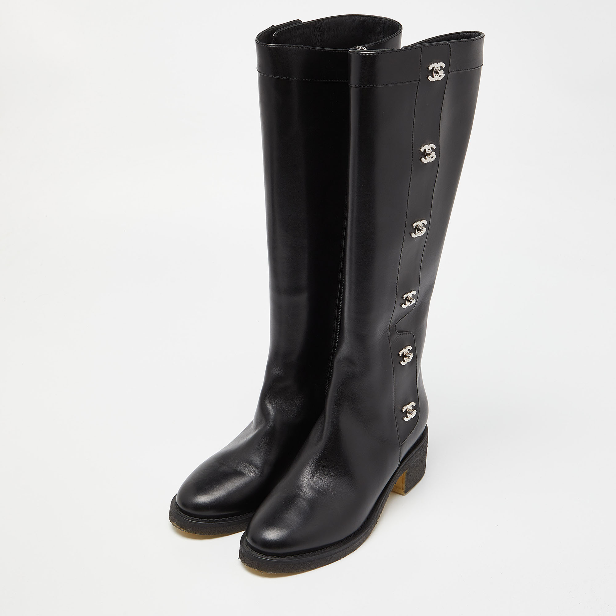 

Chanel Black Leather CC Turn Lock Knee High Boots Size