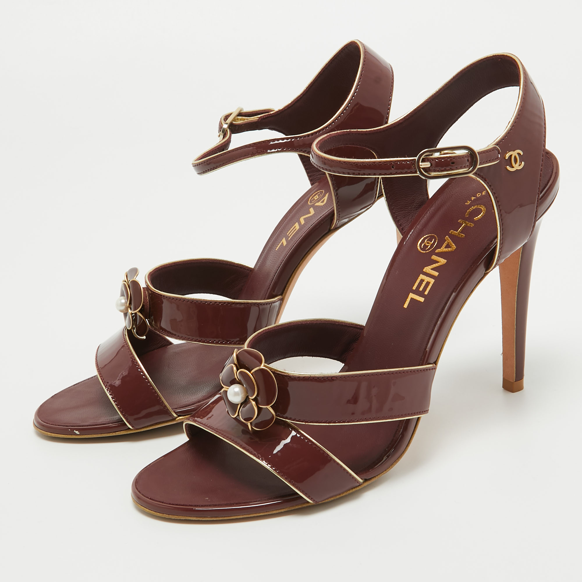 

Chanel Burgundy Patent Camelia Ankle Strap Sandals Size