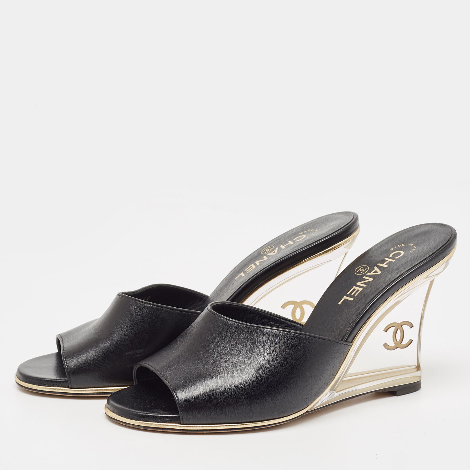 

Chanel Black Leather CC Wedge Slide Sandals Size