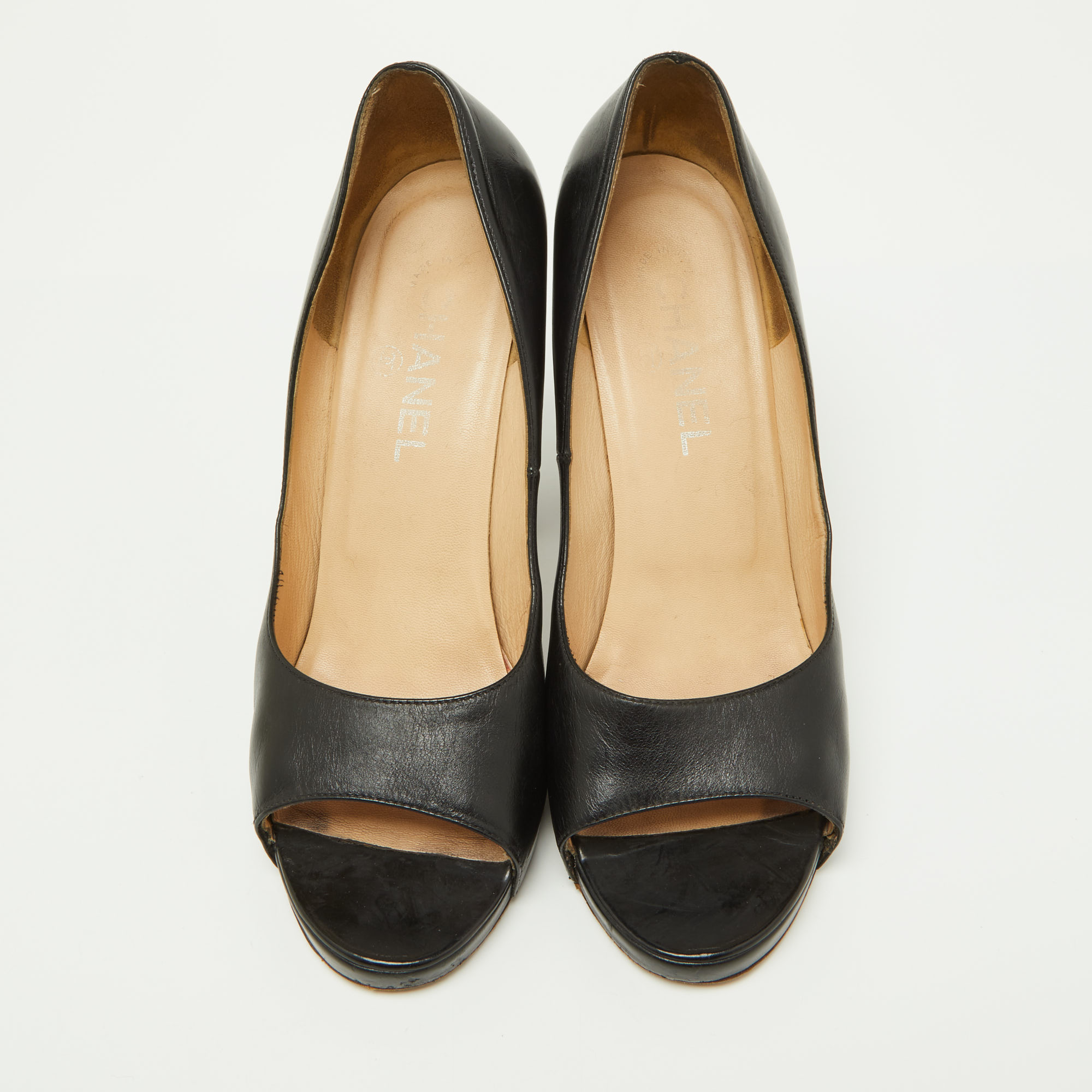 Chanel Black Leather Chain Link Cork Heel Open Toe Pumps Size 38.5 