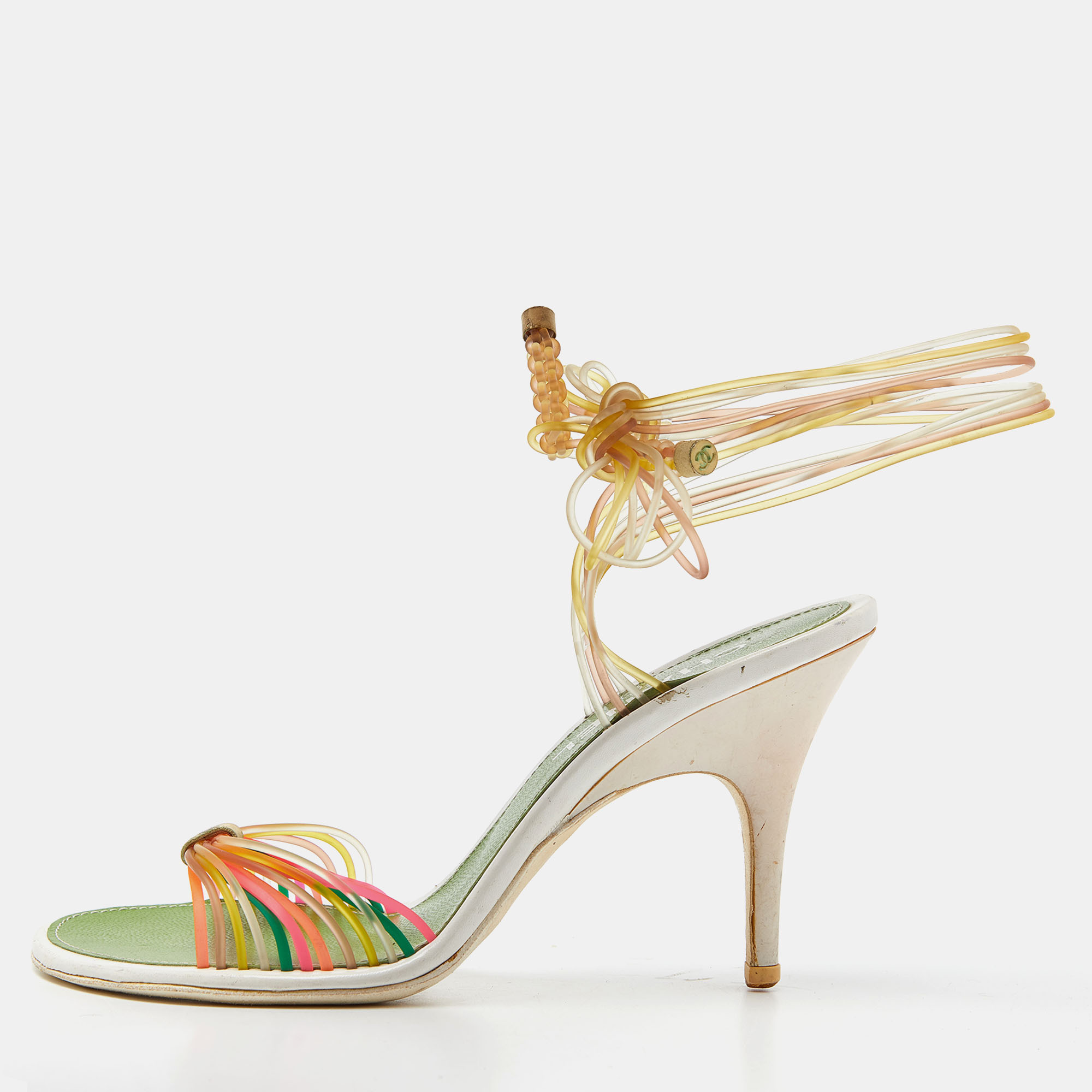 Pre-owned Chanel Multicolor Rubber Cc Ankle Tie Sandals Size 36