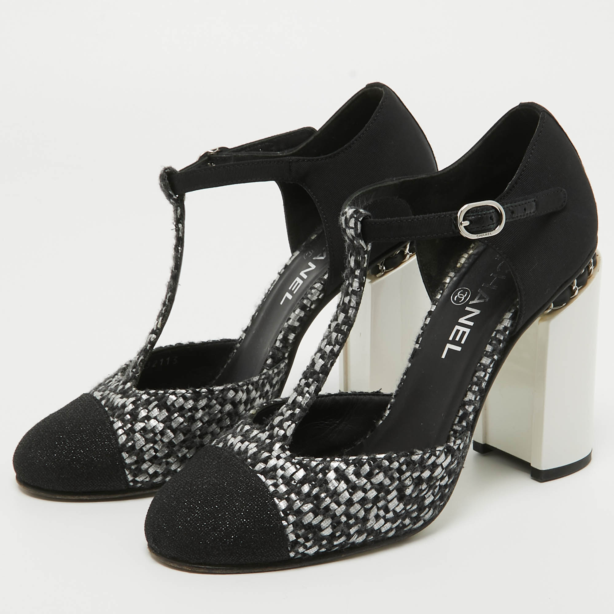 

Chanel Black/White Tweed and Fabric CC T-Bar Ankle Strap Pumps Size