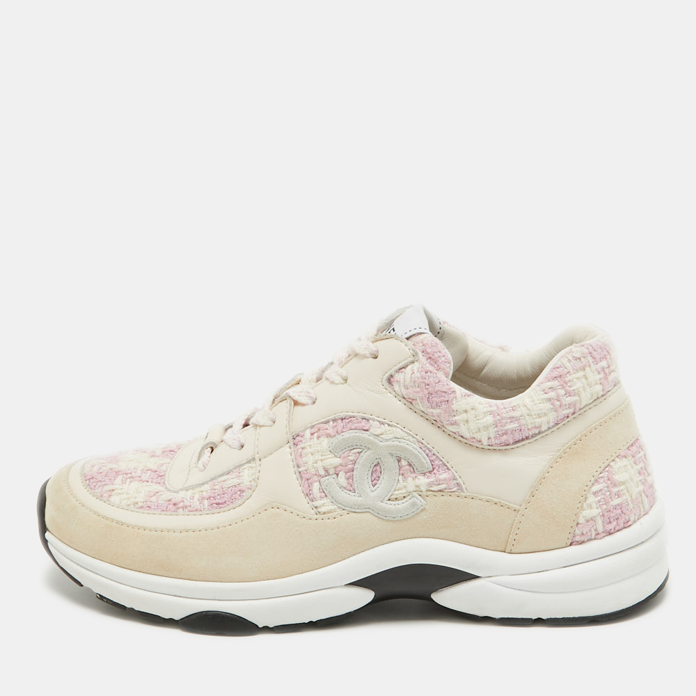 

Chanel Cream/Pink Tweed and Leather CC Low Top Sneakers Size