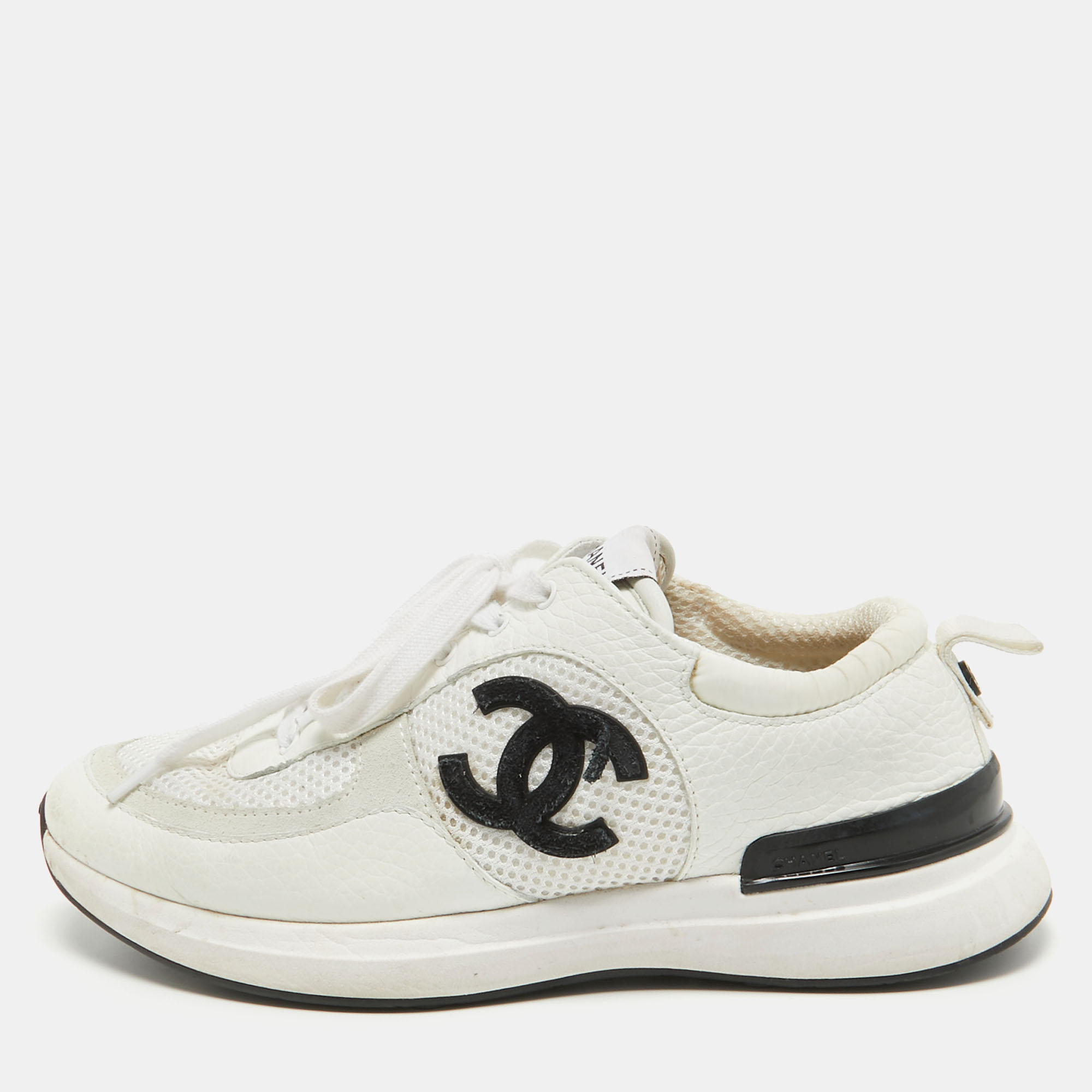 Pre Owned Chanel White Leather and Mesh CC Low Top Sneakers Size 37