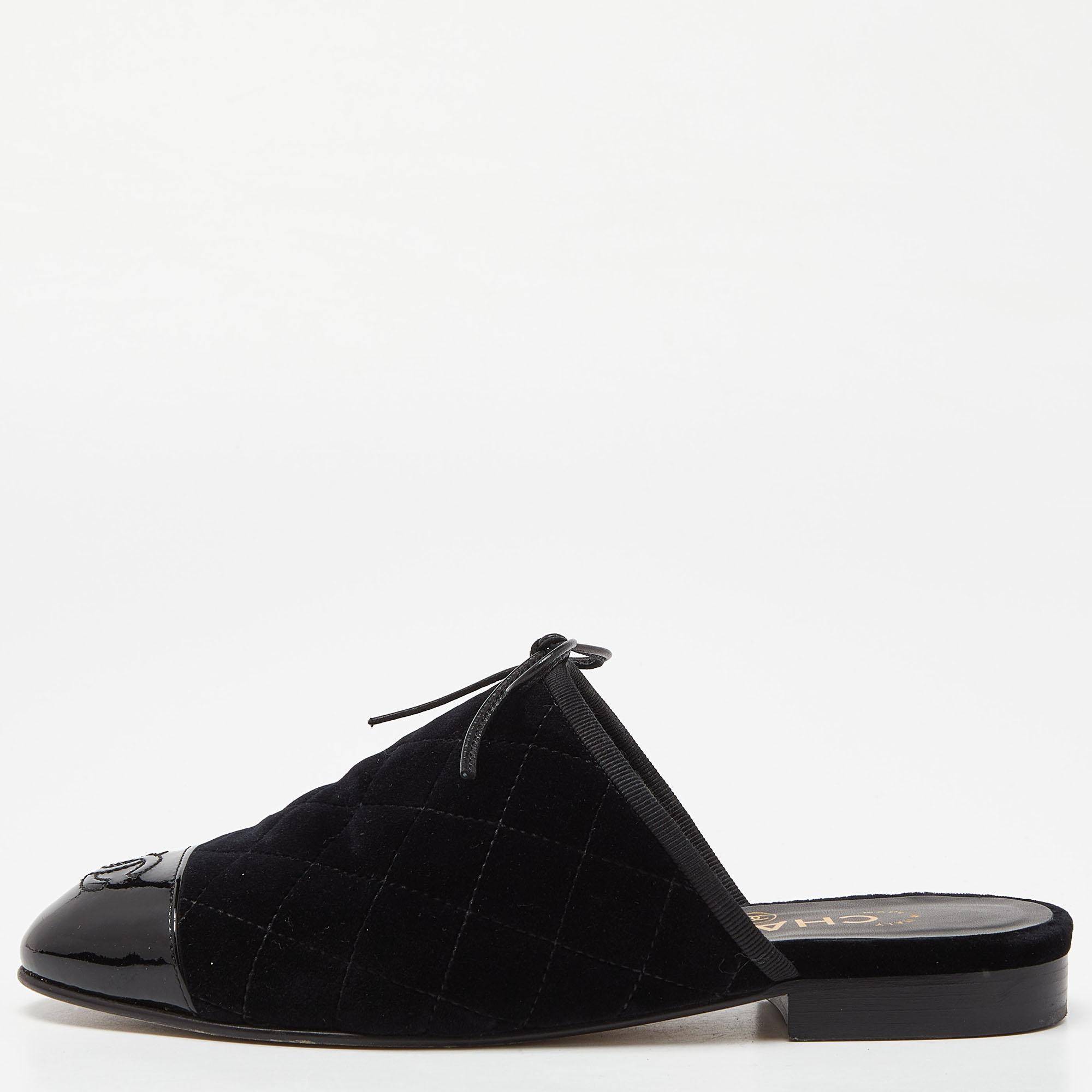 Chanel Black Quilted Velvet and Patent Cap Toe CC Bow Flat Mules Size 36