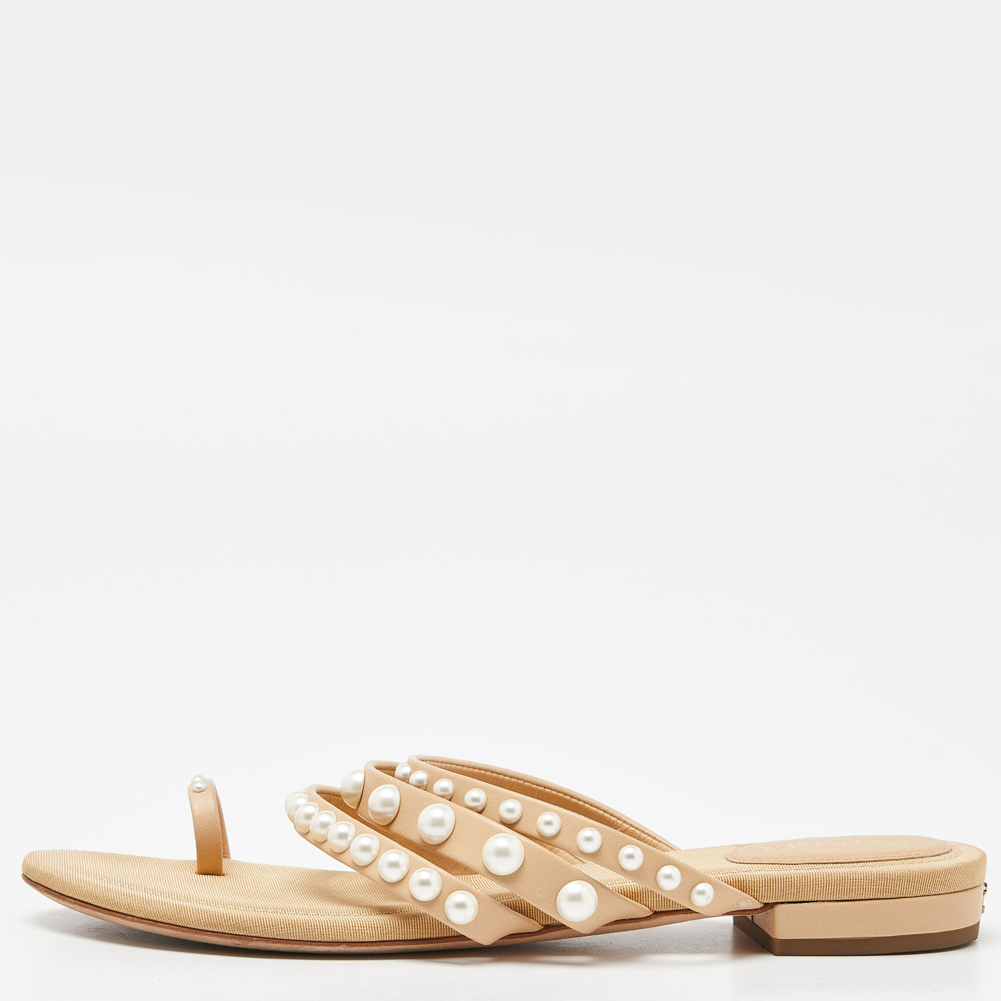 Pre Owned Chanel Beige Leather Pearl Embellished Toe Ring Flat Sandals Size 36