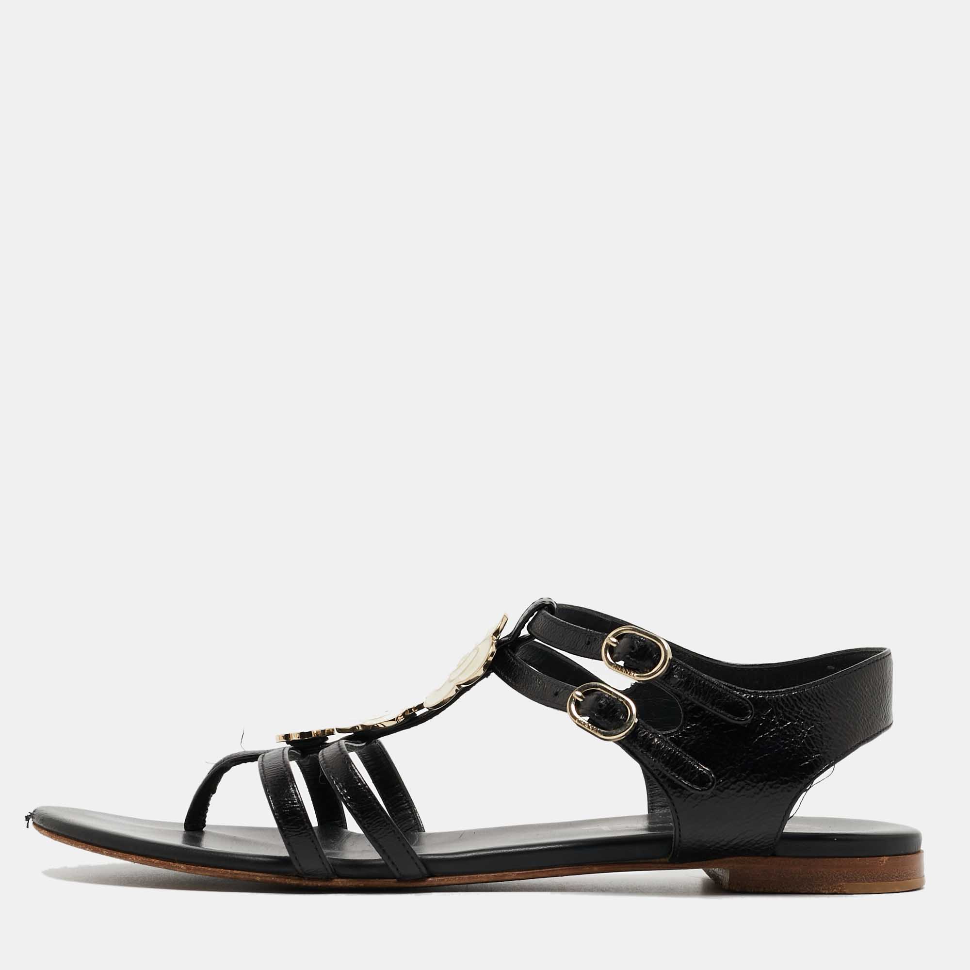 

Chanel Black Leather CC Camellia Thong Flat Sandals Size