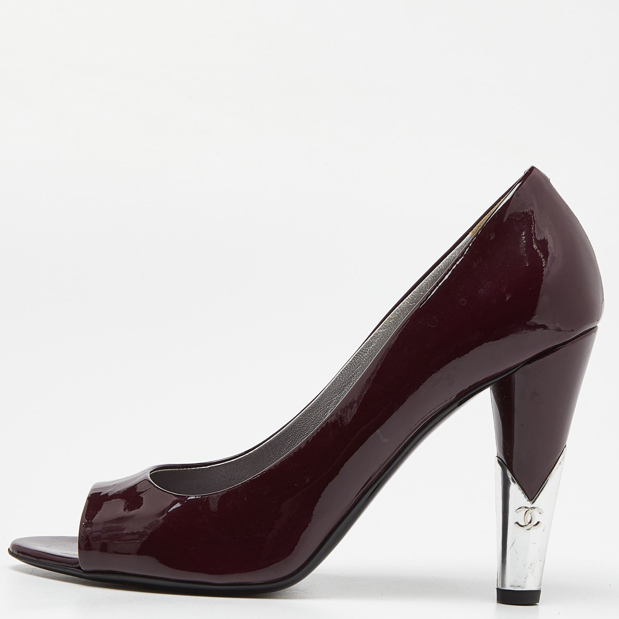 

Chanel Purple/Silver Patent Leather Peep Toe CC Heel Pumps Size